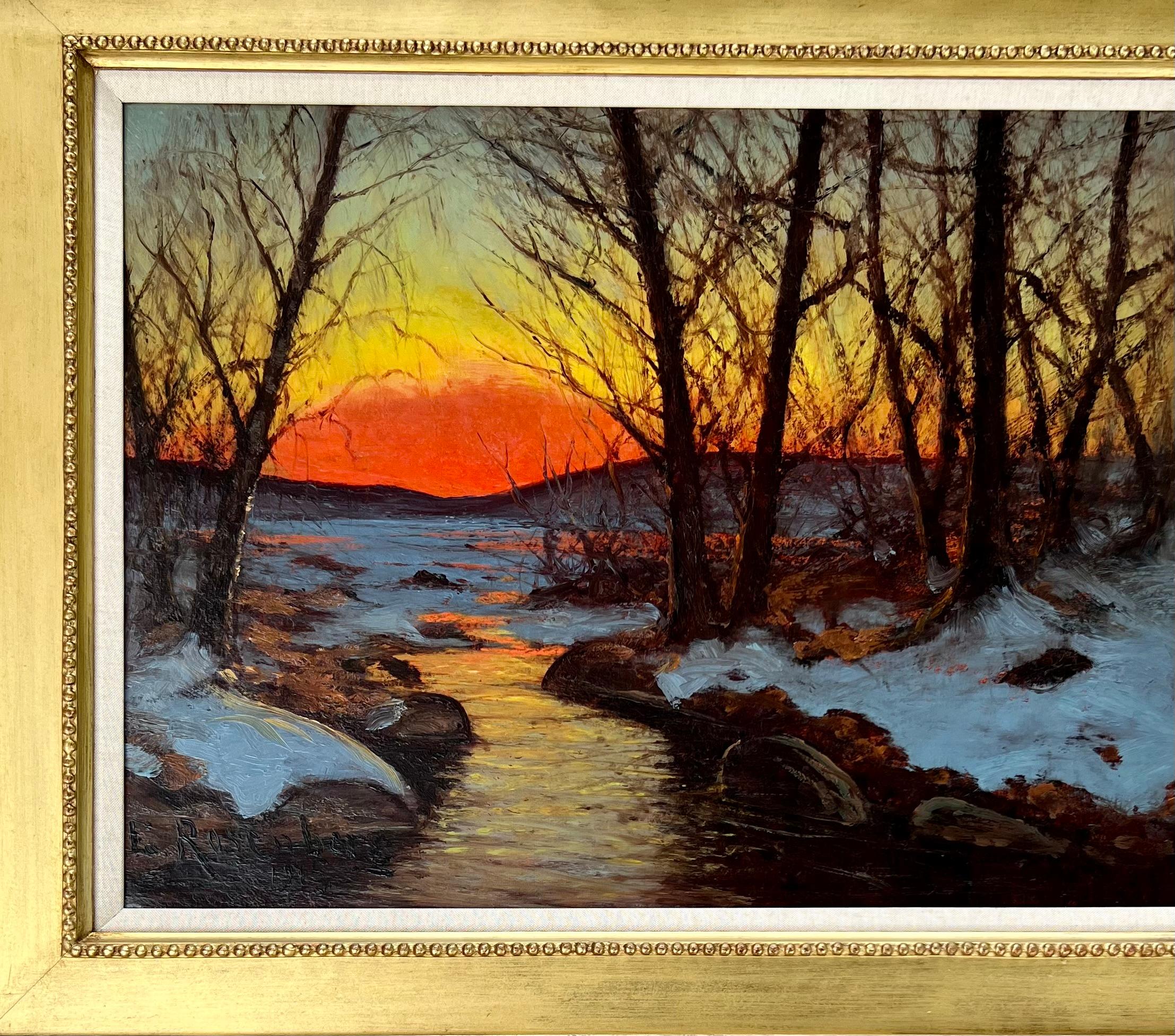 Oil on canvas, signed and dated depicting a glorious sunset in winter.

Edvard Axel Rosenberg (Swedish School, 1858-1934).

In many ways Edvard Rosenberg was the archetypal Swedish painter, he was born in Stockholm in 1858 and attended the