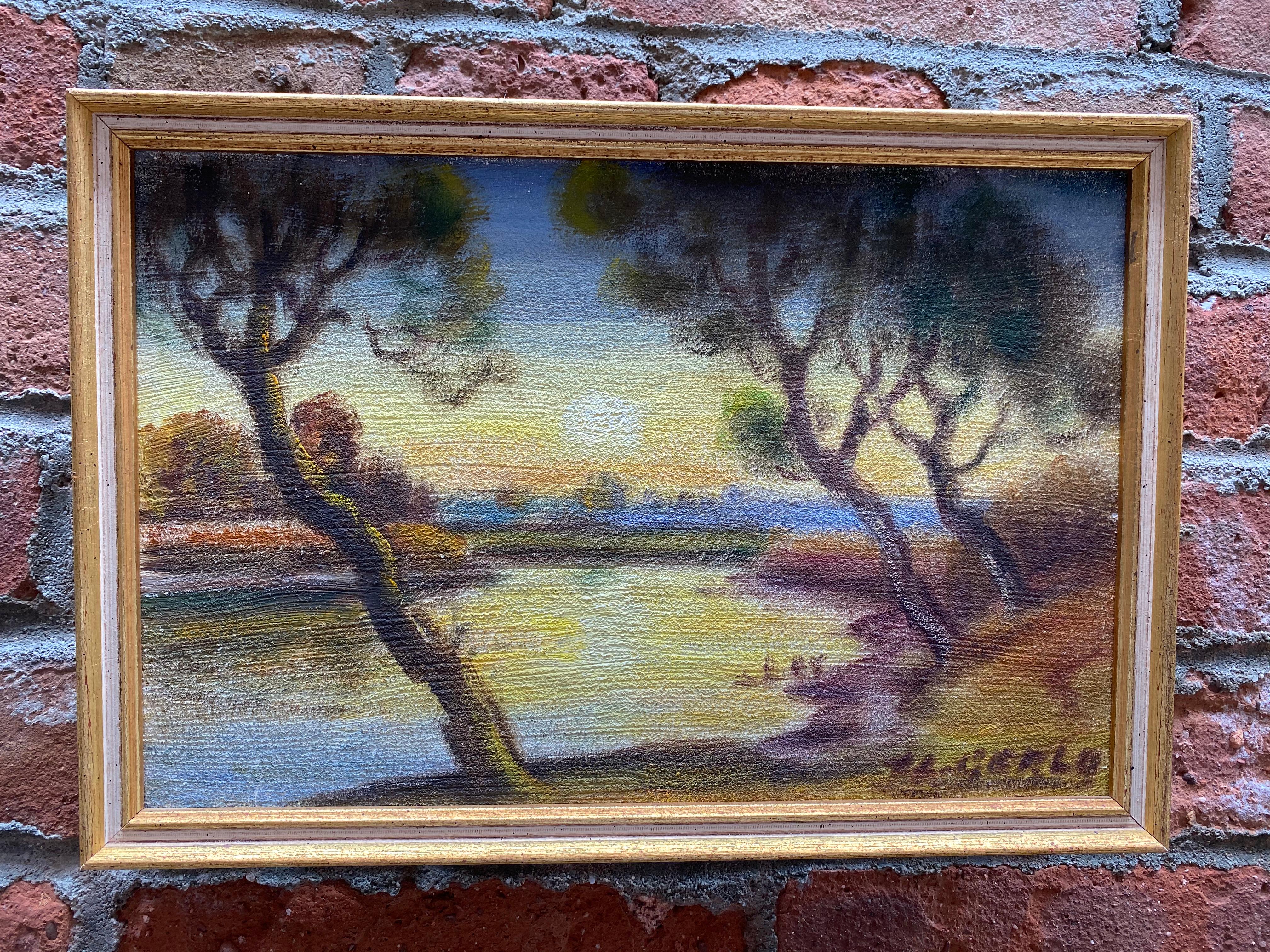 A jewel of a painting by Belgian artist, Urbain Gerlo (1897-1986). Gerlo has depicted a hazy lake sunset between two trees. Oil paint on canvas board. Painted circa 1960. Very good condition. Framing treatment consists of a simple gilded wood