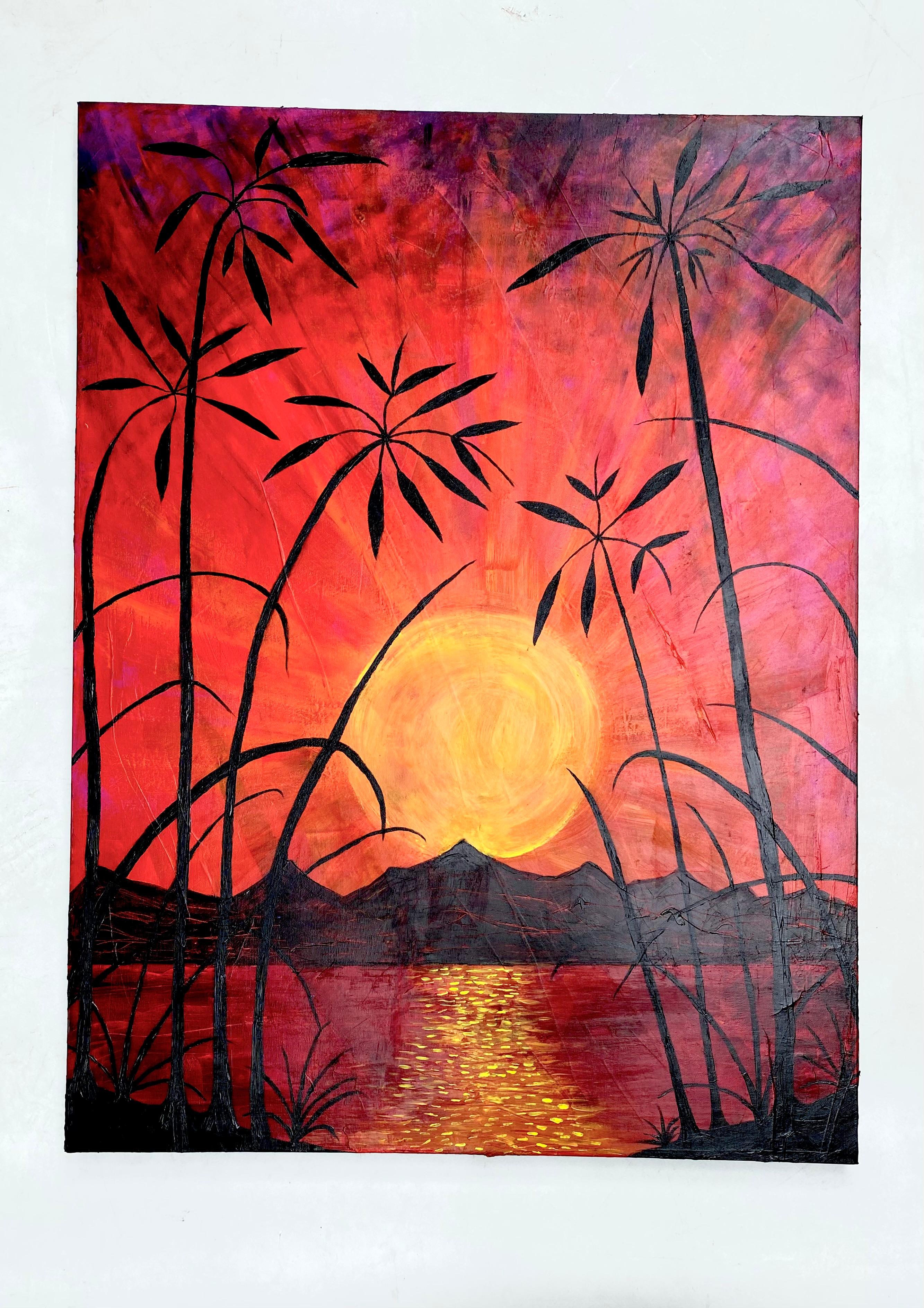 Sunset Lanscape Painting Signed and Dated by Rexx Fischer 

Offered for sale is a colorful painting of the sun setting over a mountain and lake landscape with a bamboo silhouette in the foreground. The painting is signed and dated in the back. Rexx
