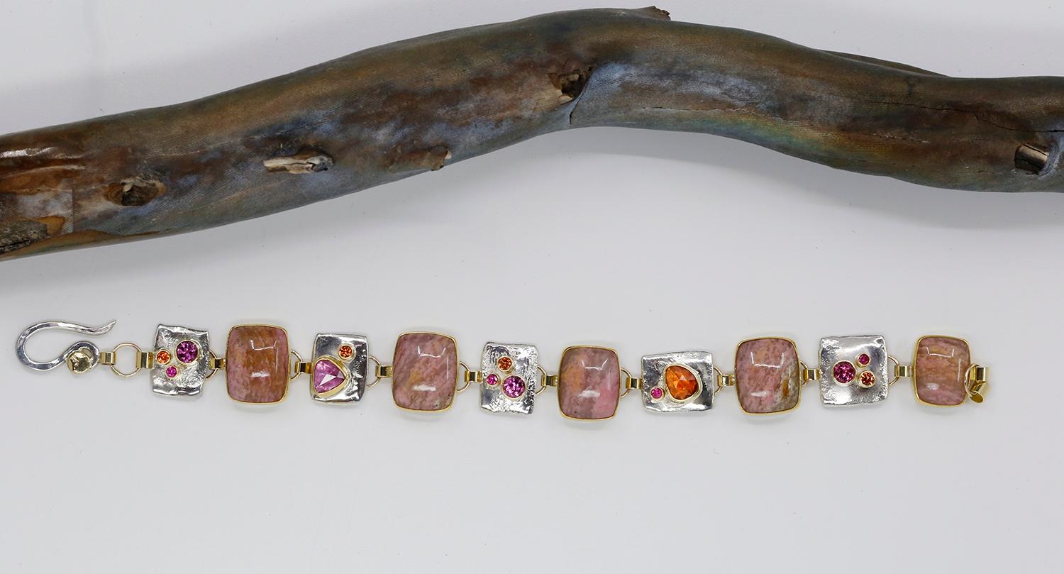 Sunset Rhodonite Link Bracelet Zafiro 22k 18k Plata de ley Artesano en venta