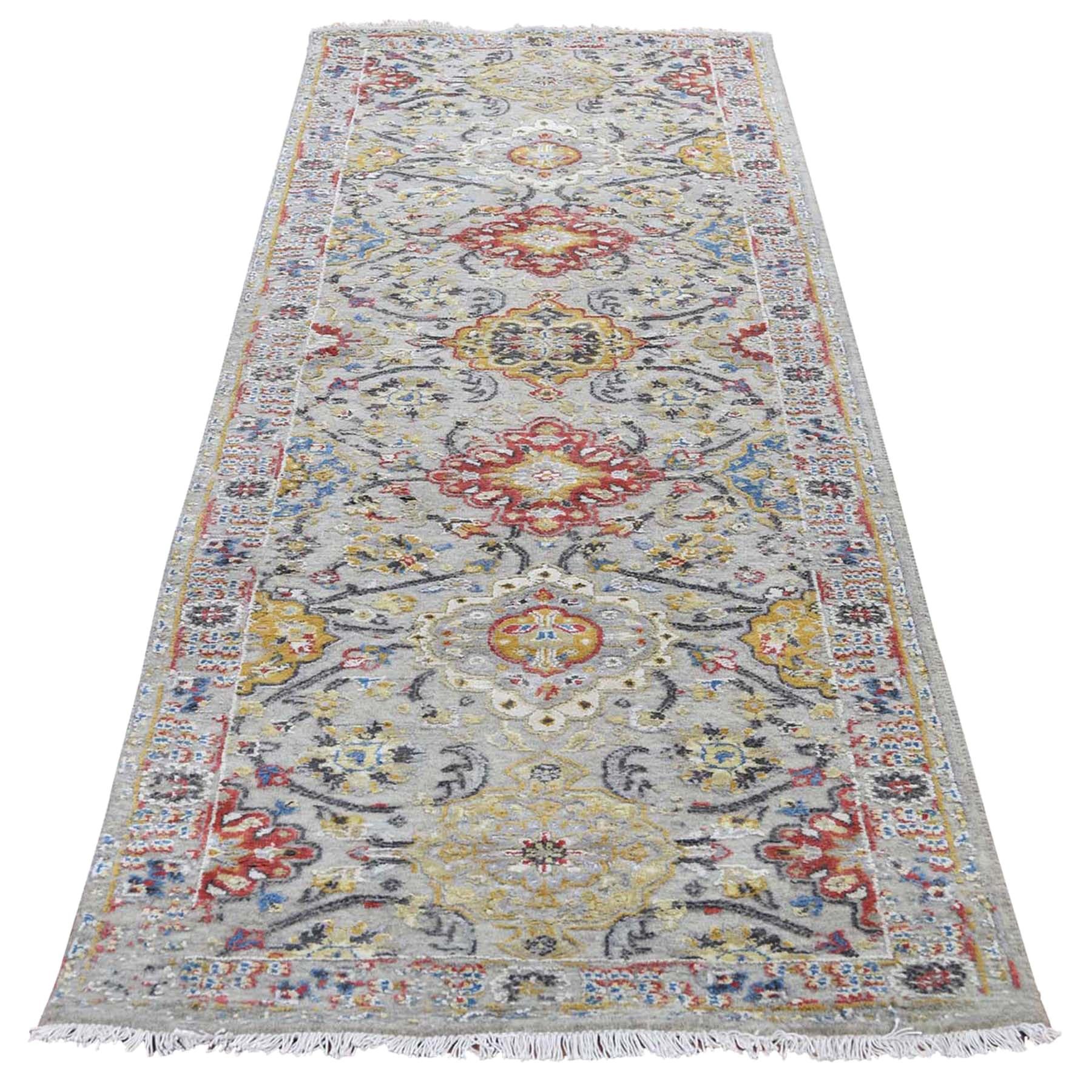 Sunset Rosettes Pure Silk and Wool Runner Hand Knotted Oriental Rug