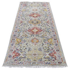 Sunset Rosettes Pure Silk and Wool Runner Hand Knotted Oriental Rug