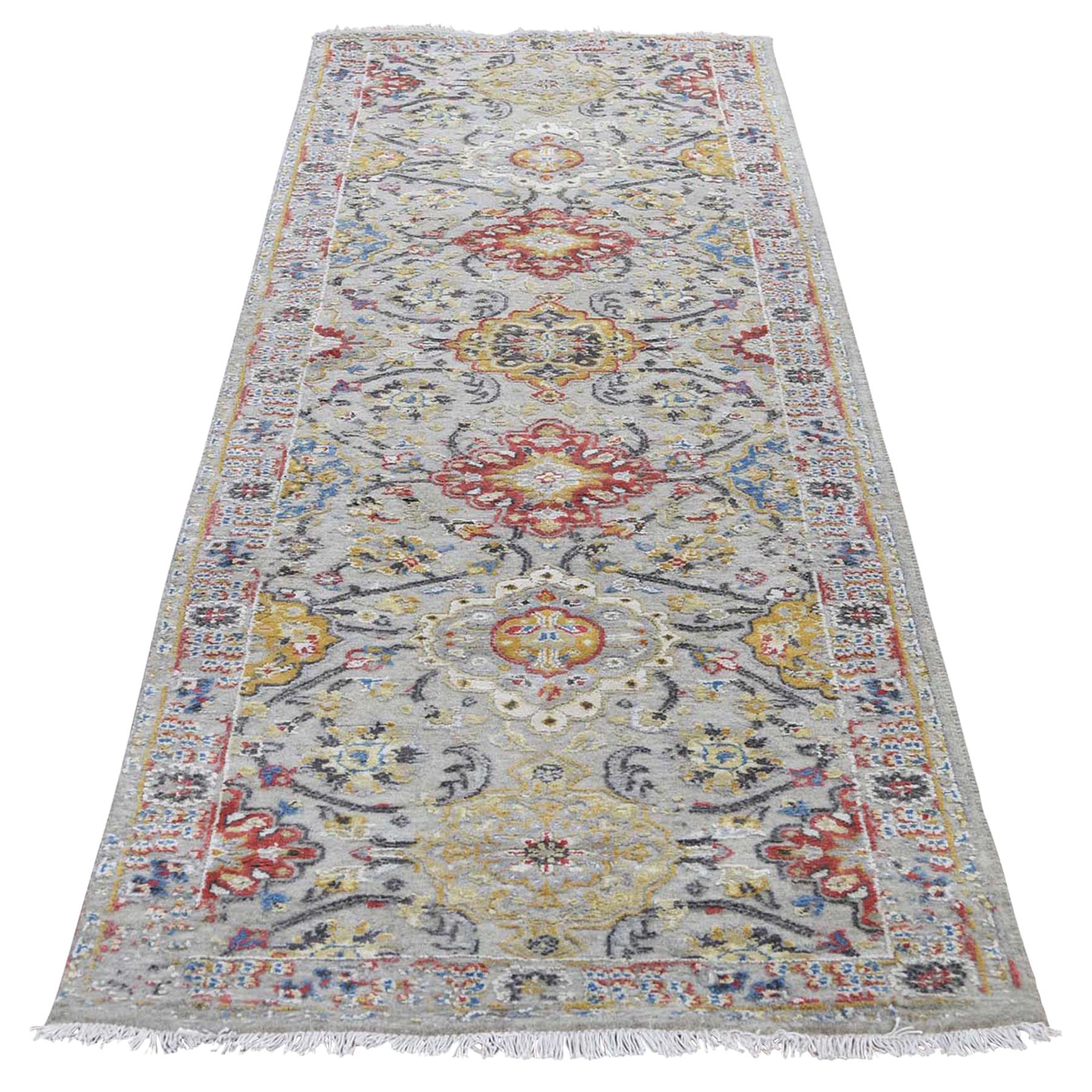 Sunset Rosettes Pure Silk & Wool Runner Hand-Knotted Oriental Rug