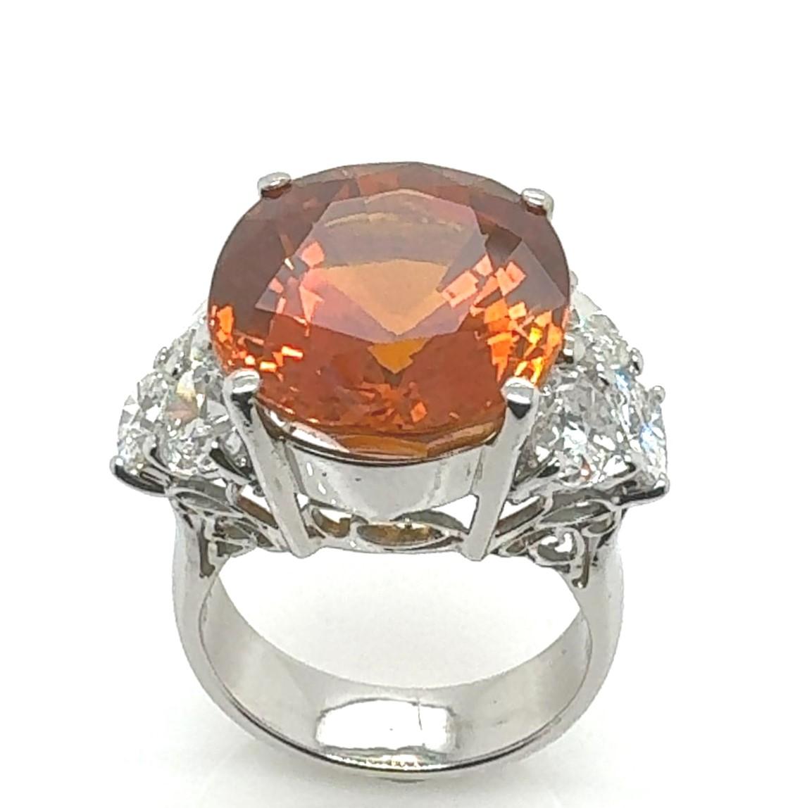 Modern Sunset Splendor GIA Certified 19.95 Orange Sapphire Ring For Sale