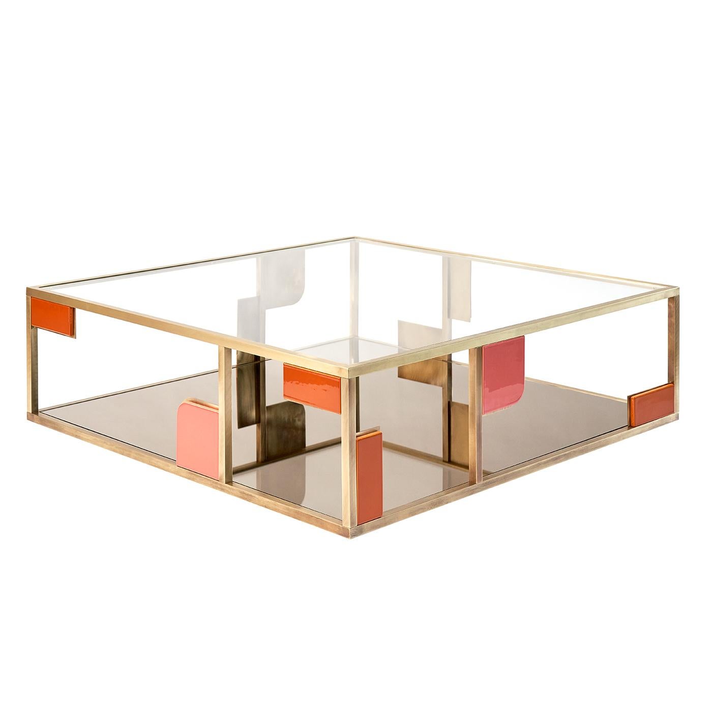 Part of the Sunset Collection of furniture and lighting fixtures, this stunning coffee table is a contemporary, sculptural design by La Récréation - P.Angelo Orecchioni architects. Enclosed in a clean, brass structure, it features geometric