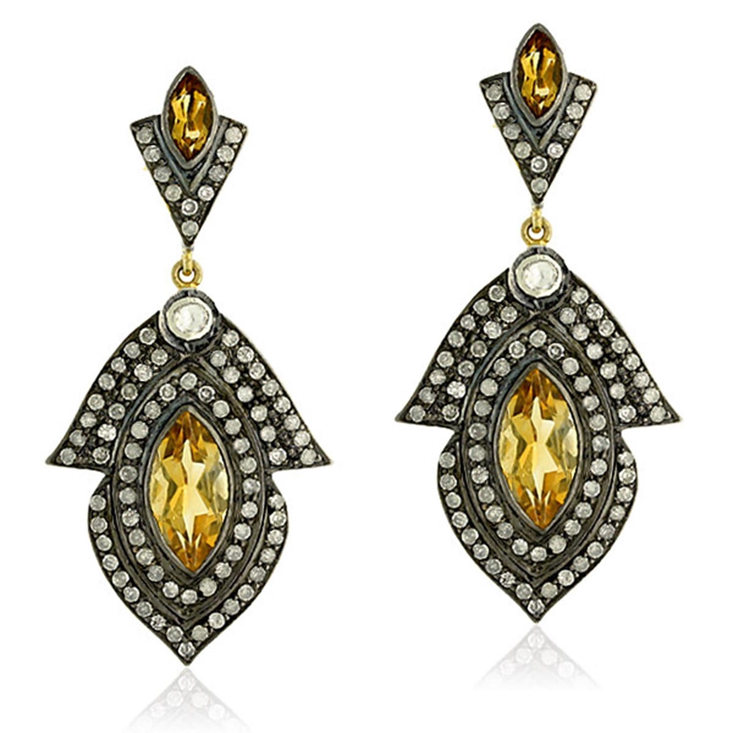 Round Cut Sunshine Citrine and Diamond Drop Earring in Silver and 18k Gold For Sale