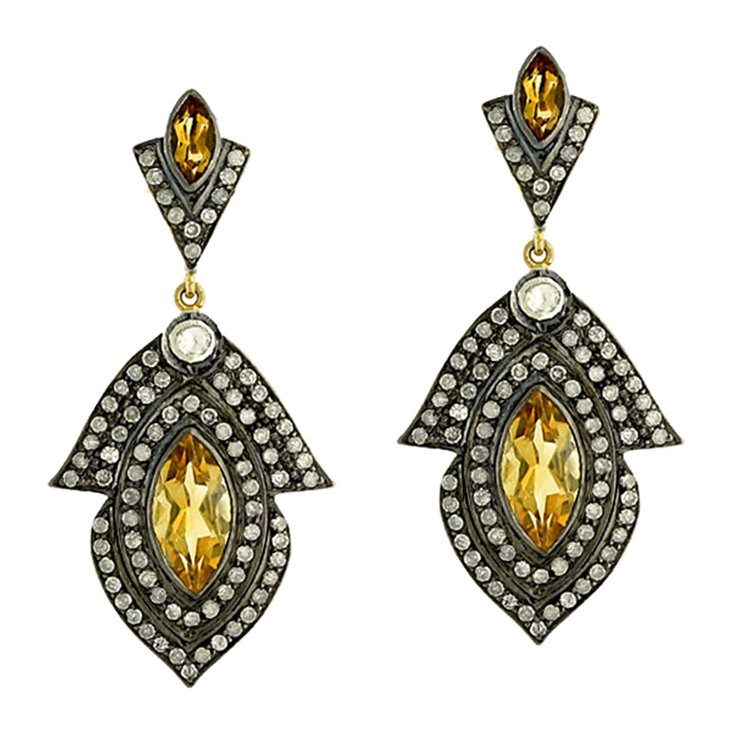 Sunshine Citrine and Diamond Drop Earring in Silver and 18k Gold