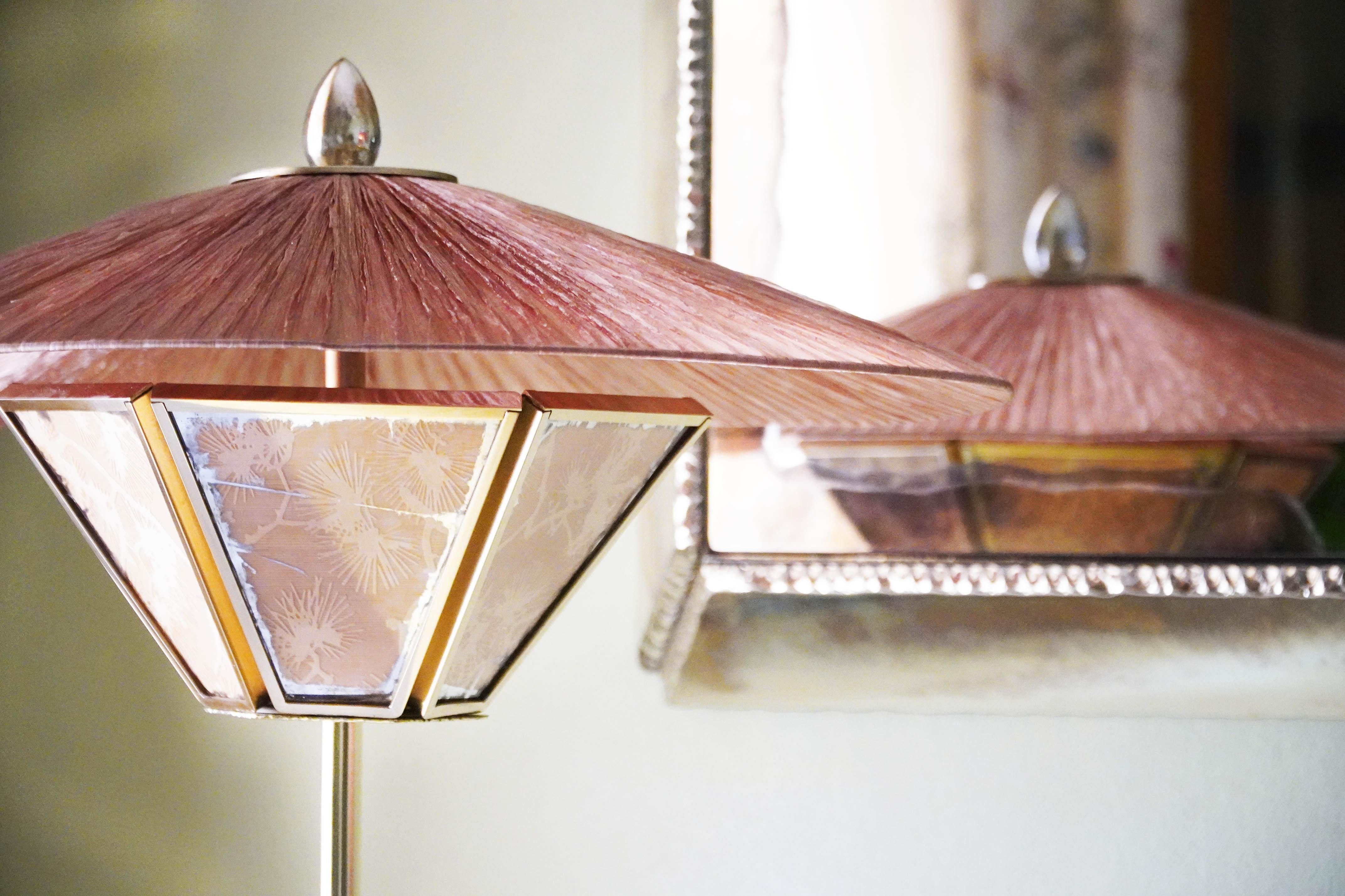 “Sunshine” Contemporary Floor Lamp 60, Kyoto Washi, Raffia, Bamboo Brass Stem For Sale 7