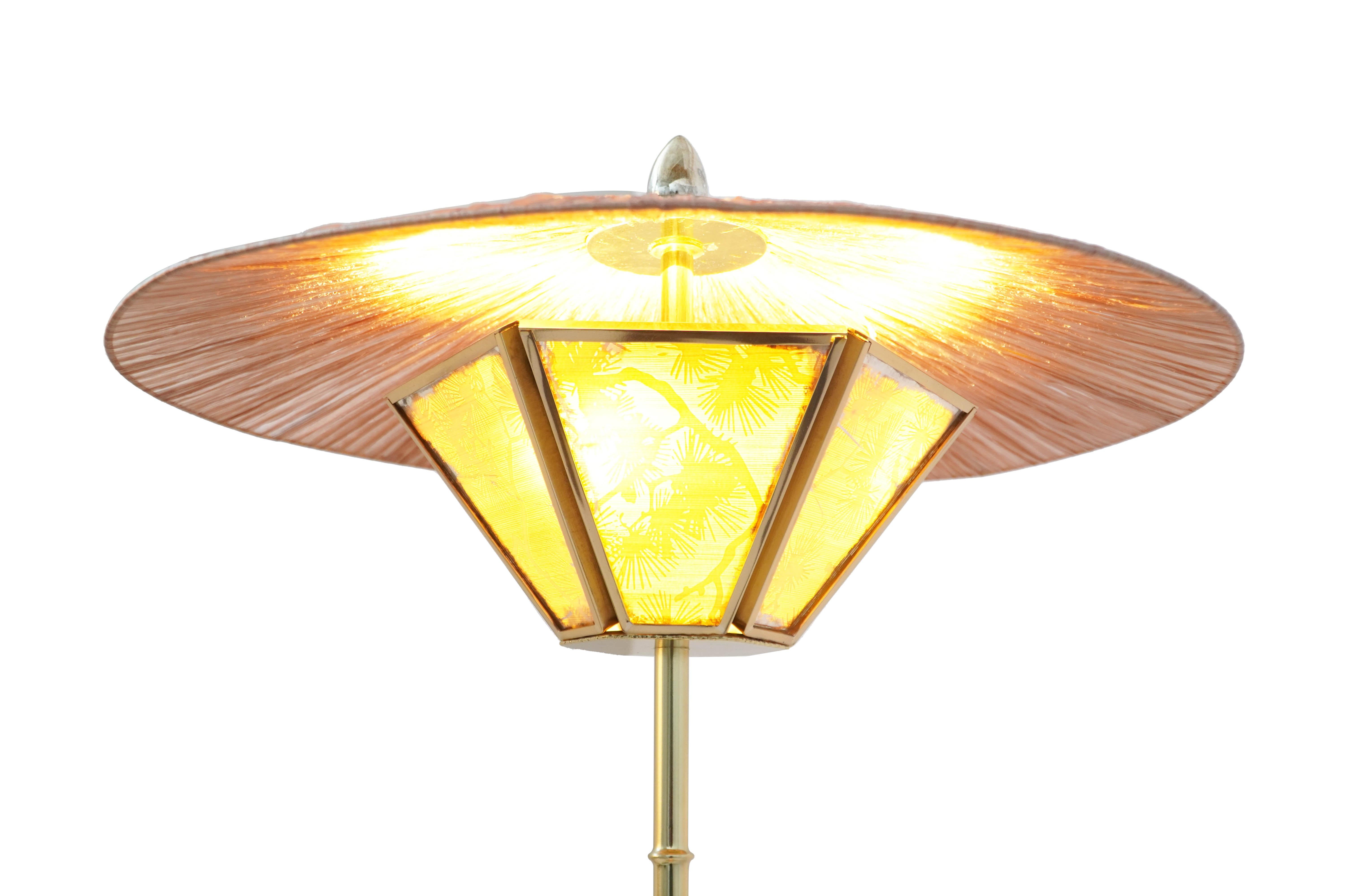Modern “Sunshine” Contemporary Floor Lamp 60, Kyoto Washi, Raffia, Bamboo Brass Stem For Sale