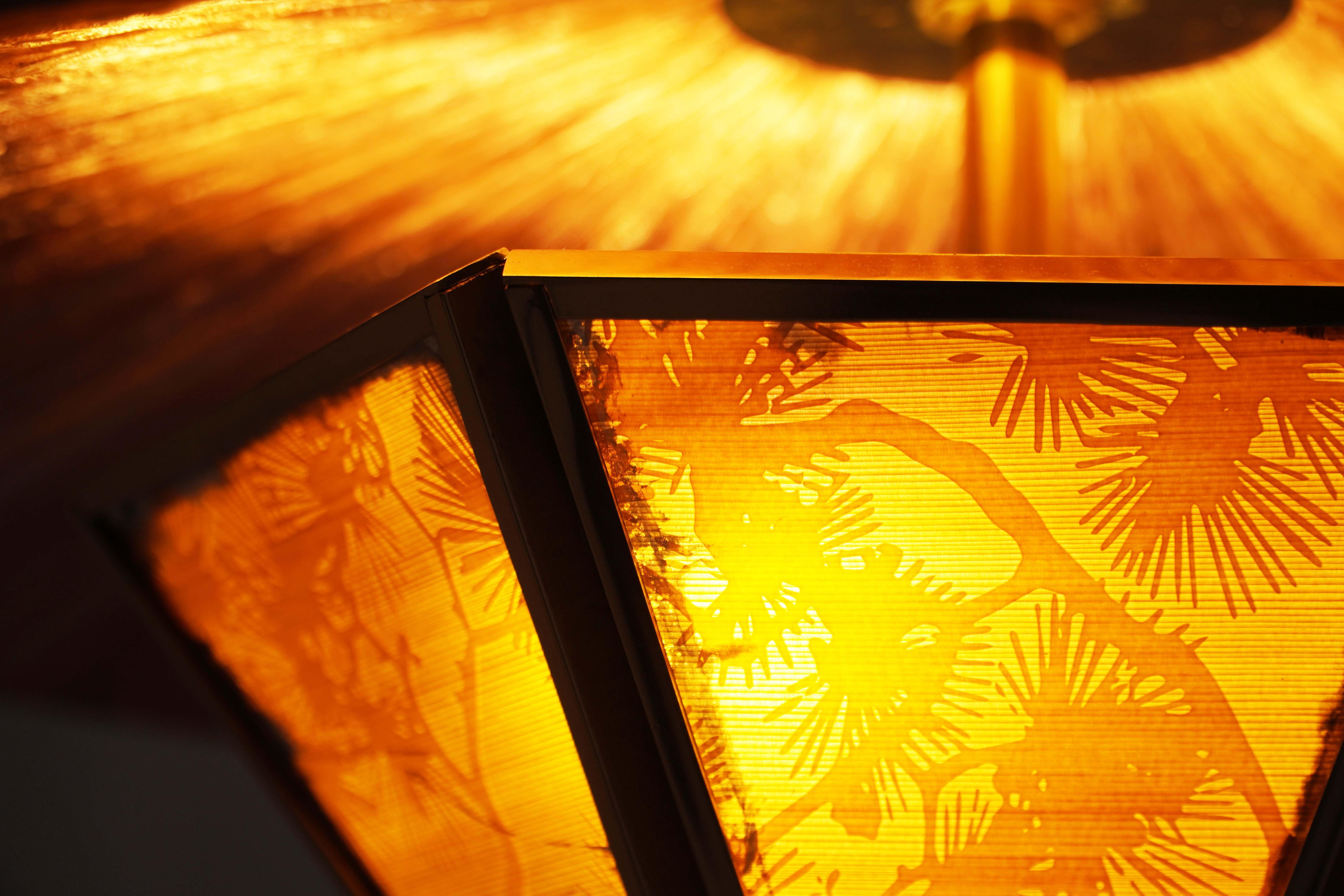 Japanned “Sunshine” Contemporary Floor Lamp 60, Kyoto Washi, Raffia, Bamboo Brass Stem For Sale