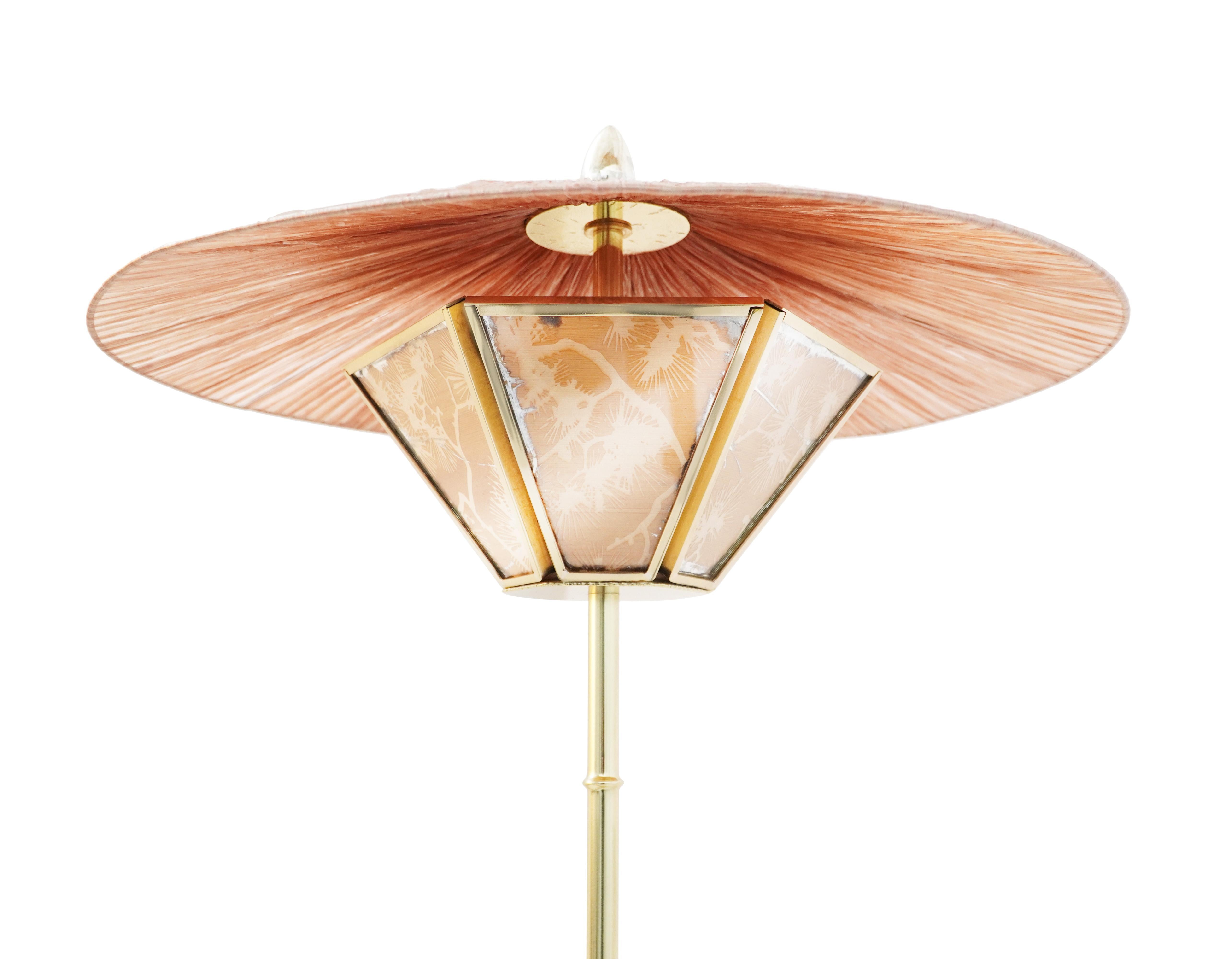 “Sunshine” Contemporary Floor Lamp 60, Kyoto Washi, Raffia, Bamboo Brass Stem In New Condition For Sale In Pietrasanta, IT