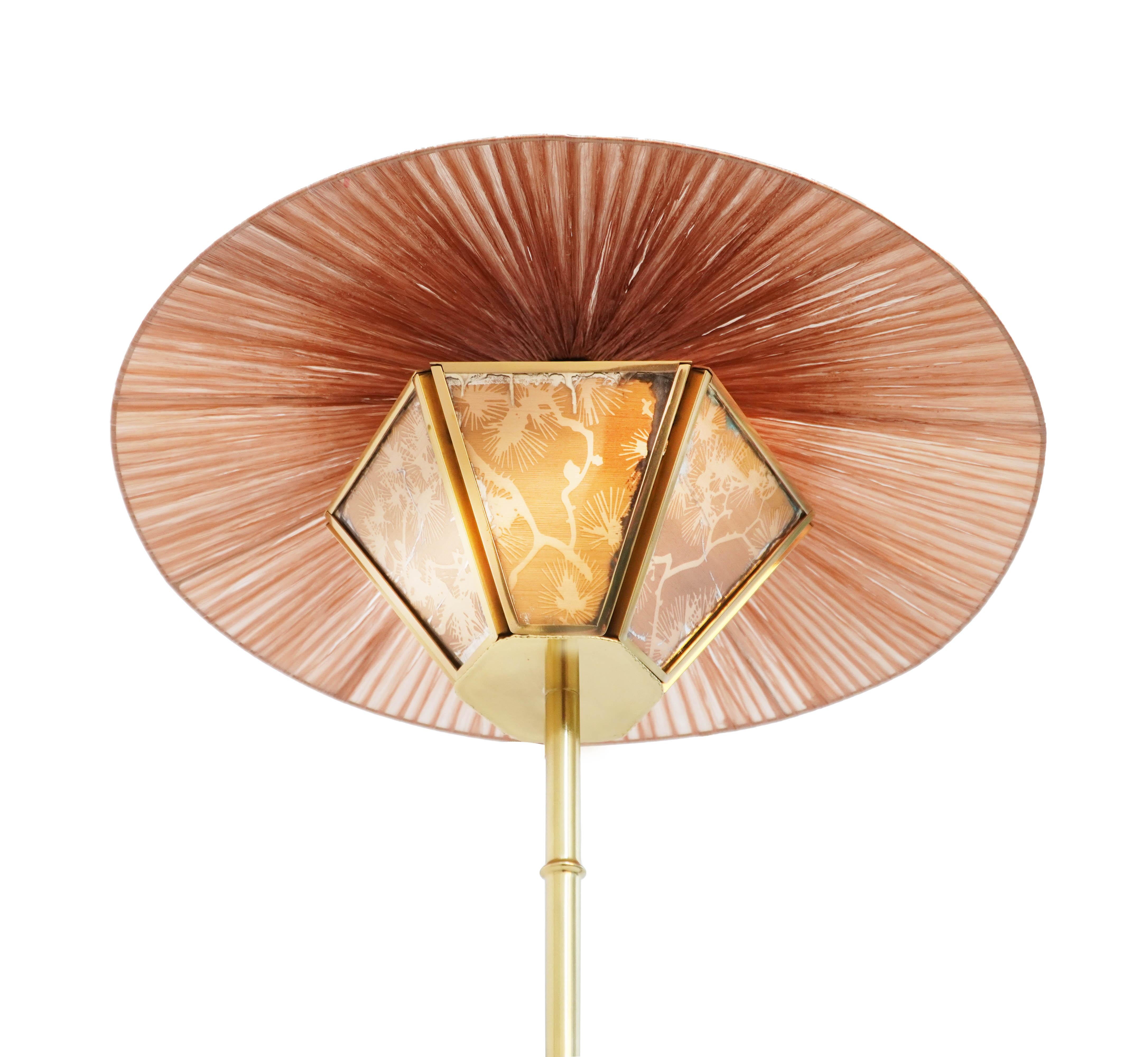 “Sunshine” Contemporary Floor Lamp 60, Kyoto Washi, Raffia, Bamboo Brass Stem For Sale 1