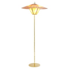 “Sunshine” Contemporary Floor Lamp 60, Kyoto Washi, Raffia, Bamboo Brass Stem