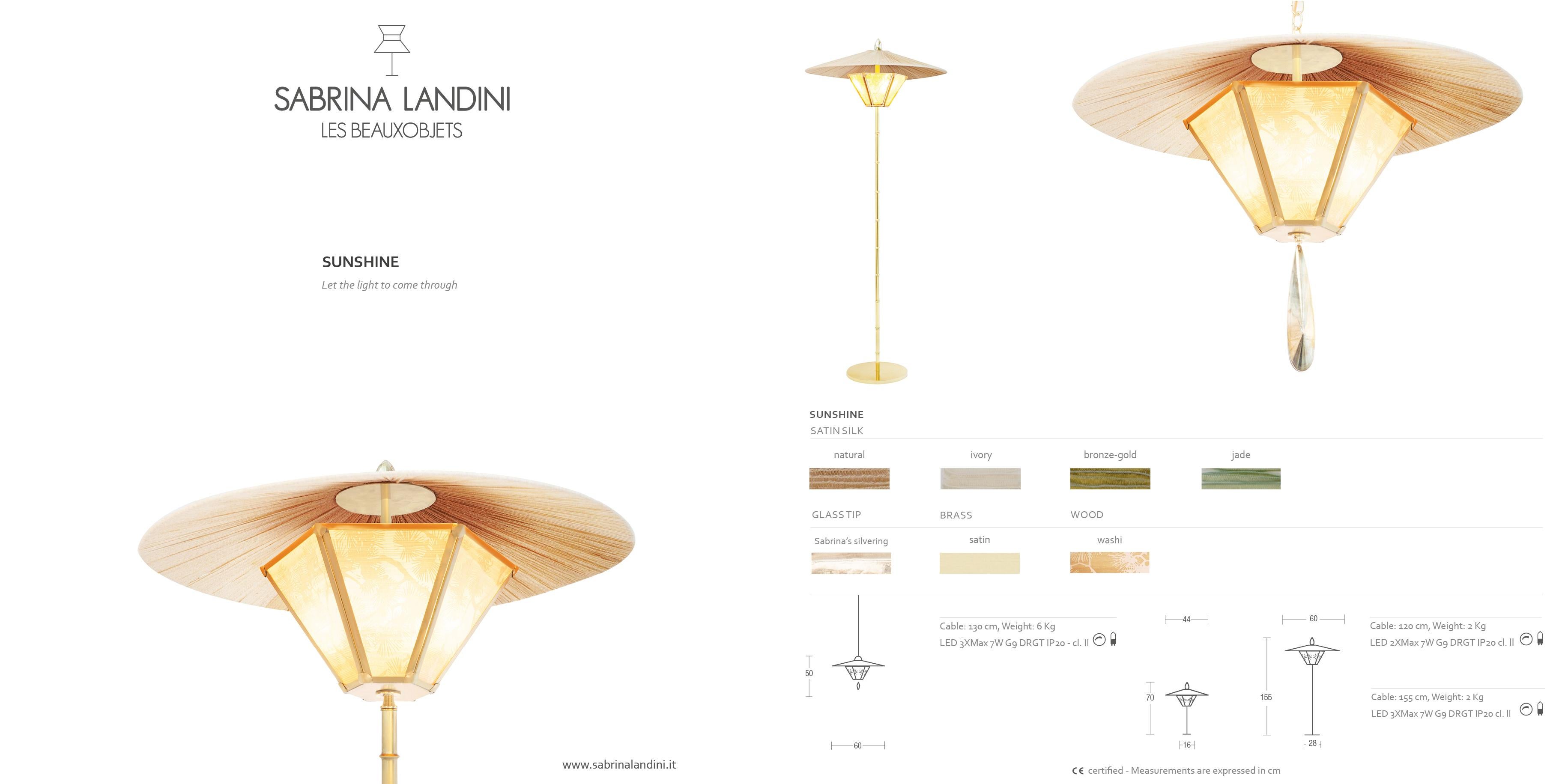 Lampadaire Sunshine Contemporary 60cm, Papiers vintage japonais, Laiton Neuf - En vente à Pietrasanta, IT
