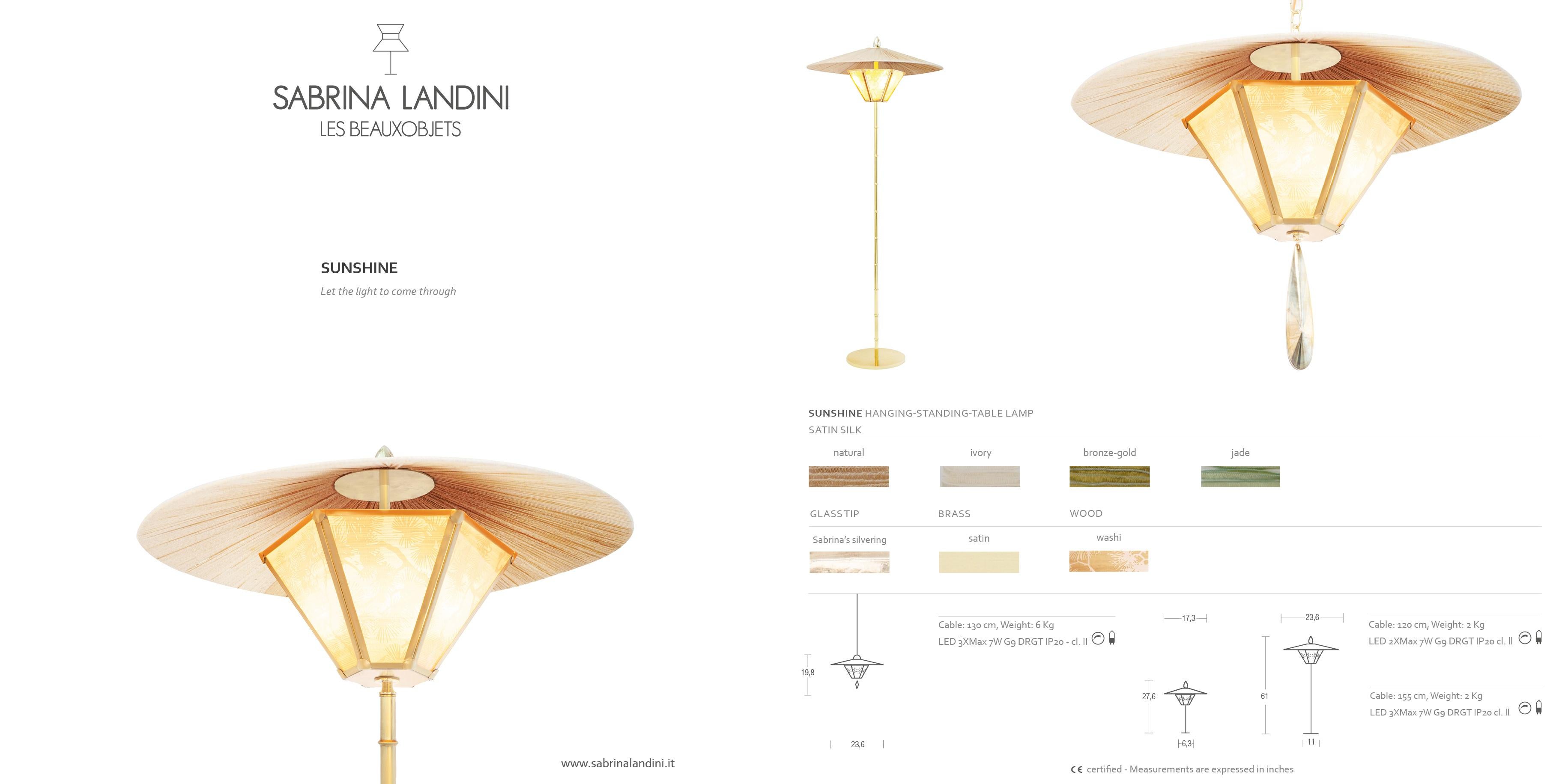 XXIe siècle et contemporain Lampadaire Sunshine Contemporary 60cm, Papiers vintage japonais, Laiton en vente