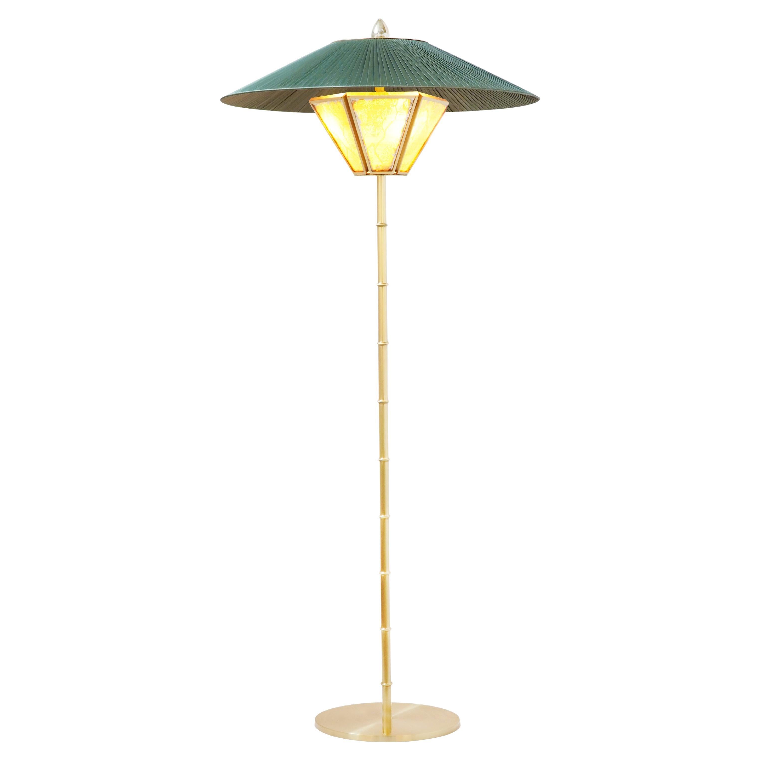 “Sunshine” Contemporary Floor Lamp 60cm, pine silk lampshade, Bamboo Brass