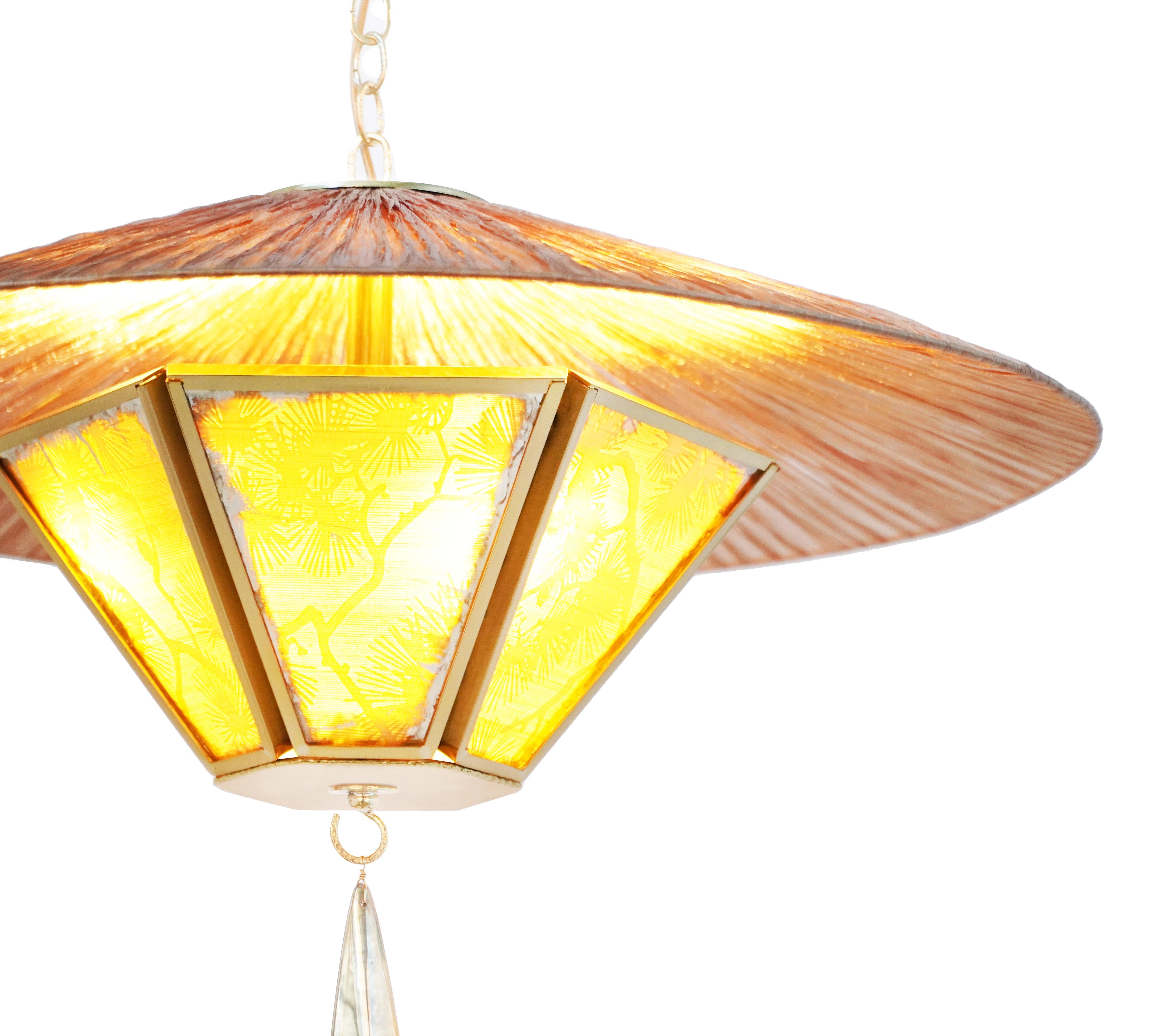 Modern “Sunshine” Contemporary Hanging Lamp 70cm  Champagne Silk lampshade,  Brass