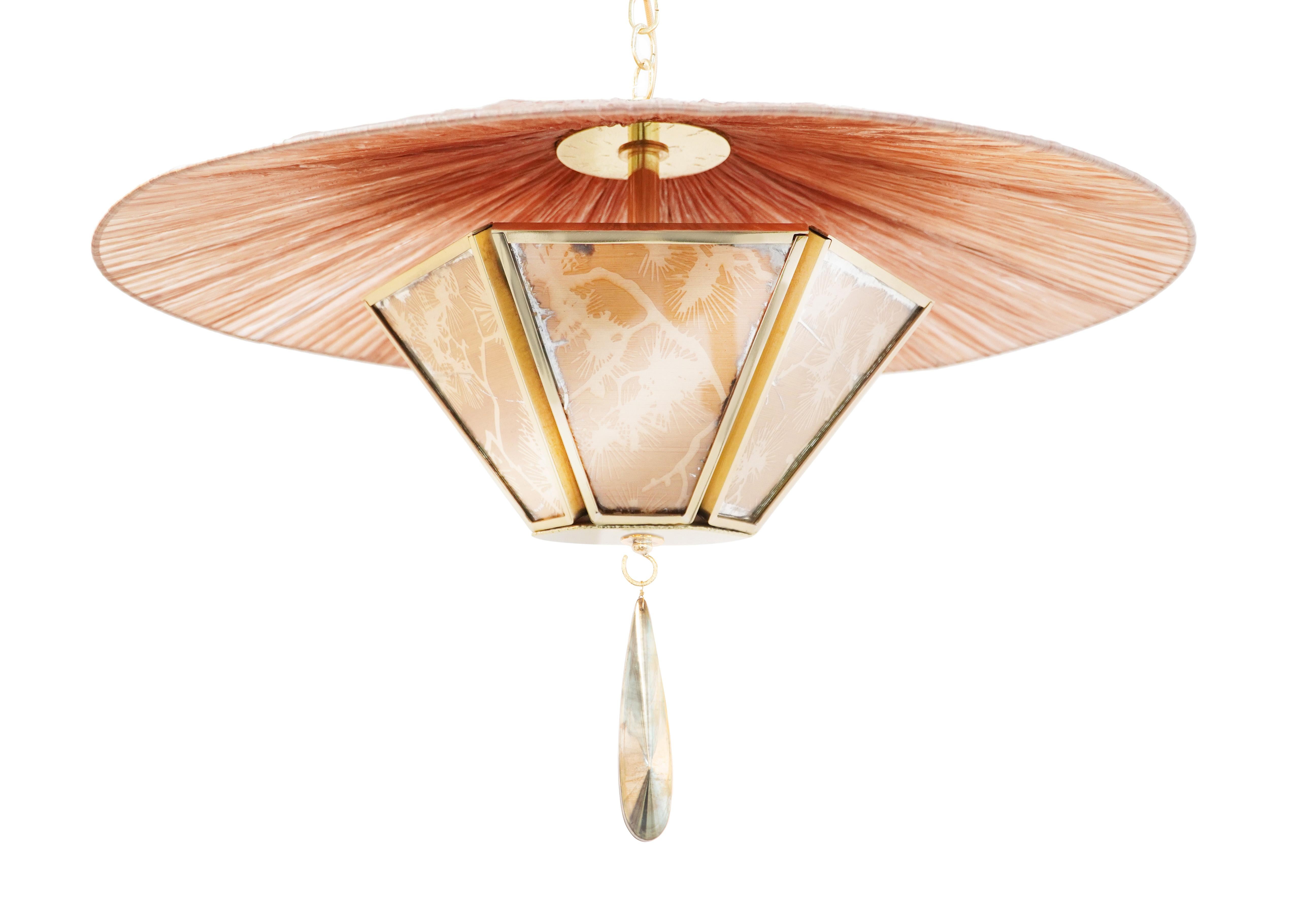 Japanned “Sunshine” Contemporary Hanging Lamp 70cm  Champagne Silk lampshade,  Brass