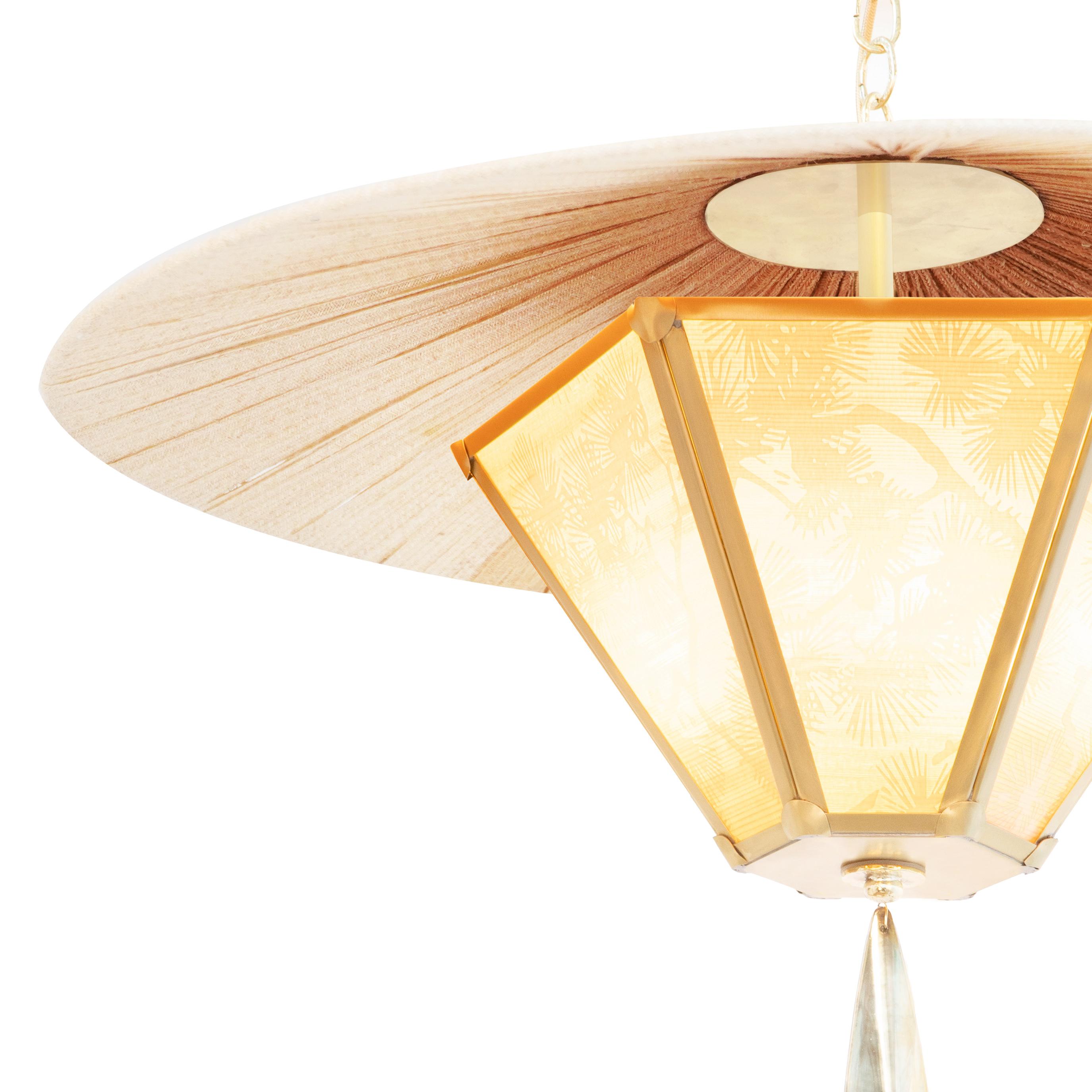 Modern “Sunshine” Contemporary Hanging Lamp 60cm, Japanese vintage papers, Brass For Sale