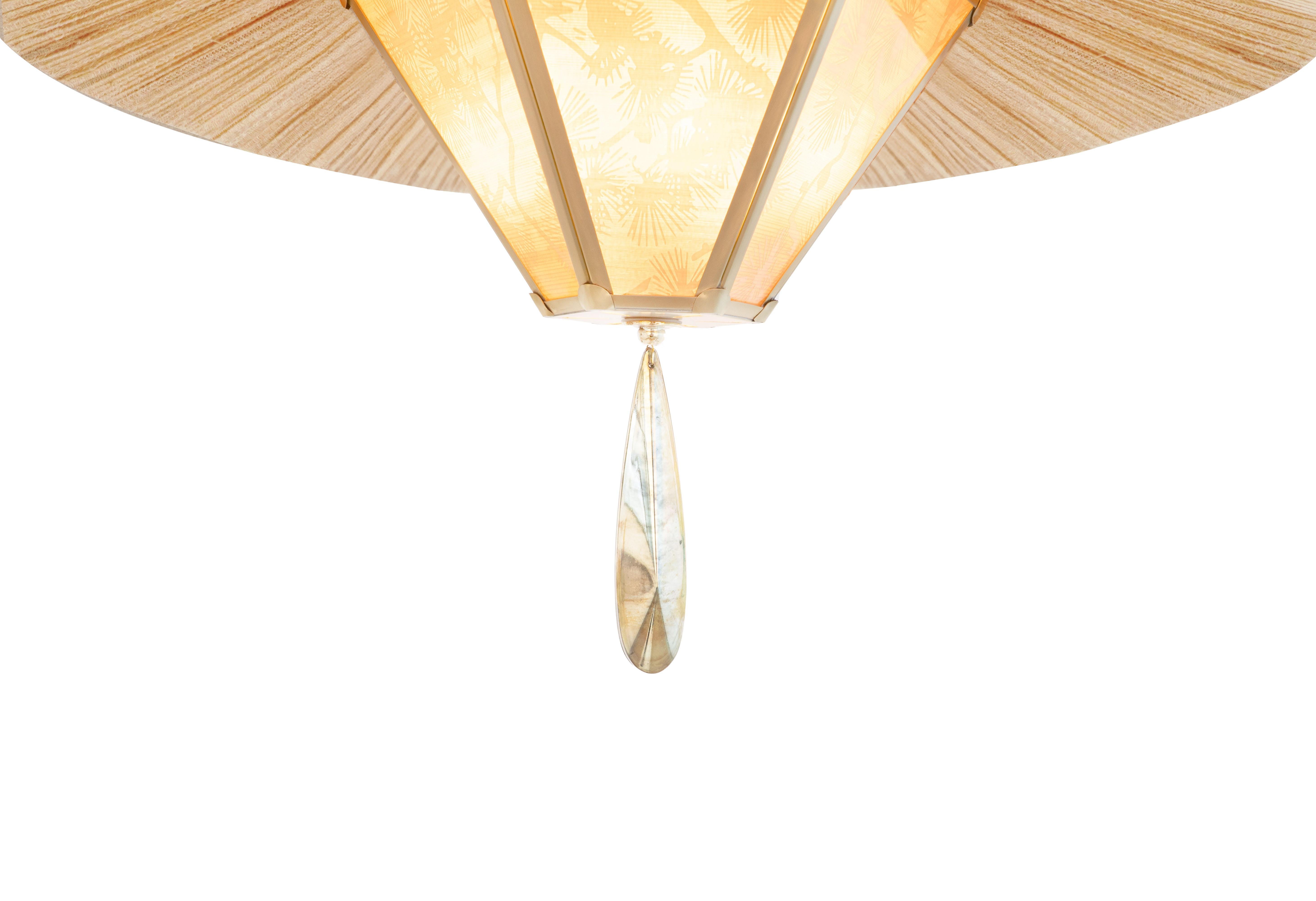 Italian “Sunshine” Contemporary Hanging Lamp 60cm, Japanese vintage papers, Brass For Sale
