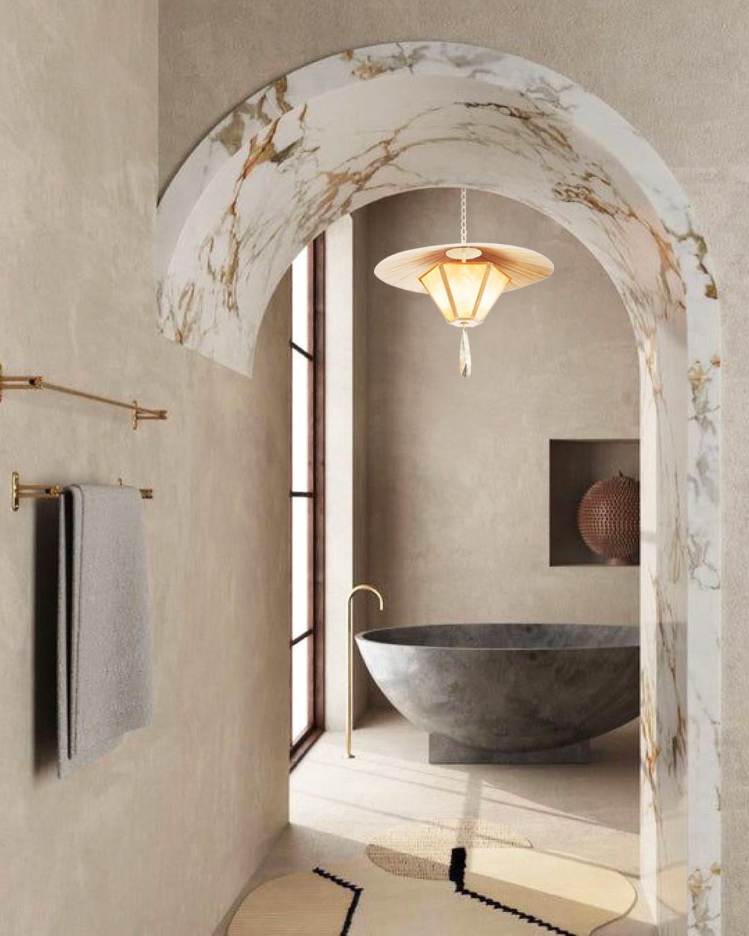 “Sunshine” Contemporary Hanging Lamp 60cm, Japanese vintage papers, Brass In New Condition For Sale In Pietrasanta, IT