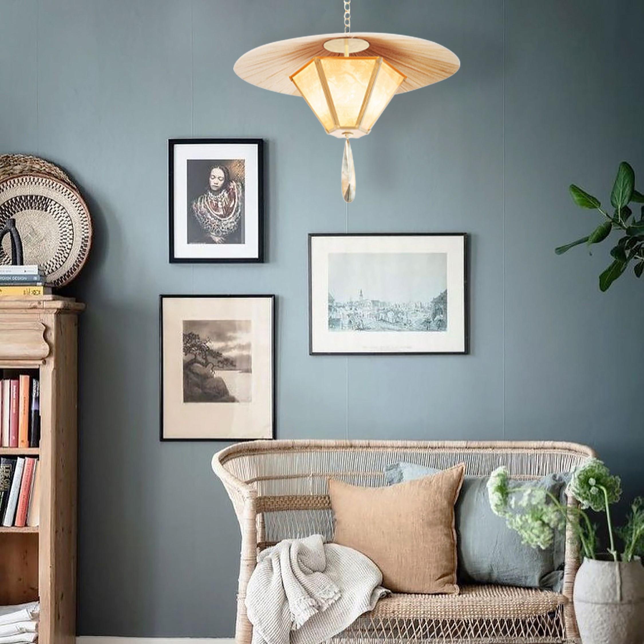 “Sunshine” Contemporary Hanging Lamp 60cm, Japanese vintage papers, Brass For Sale 3