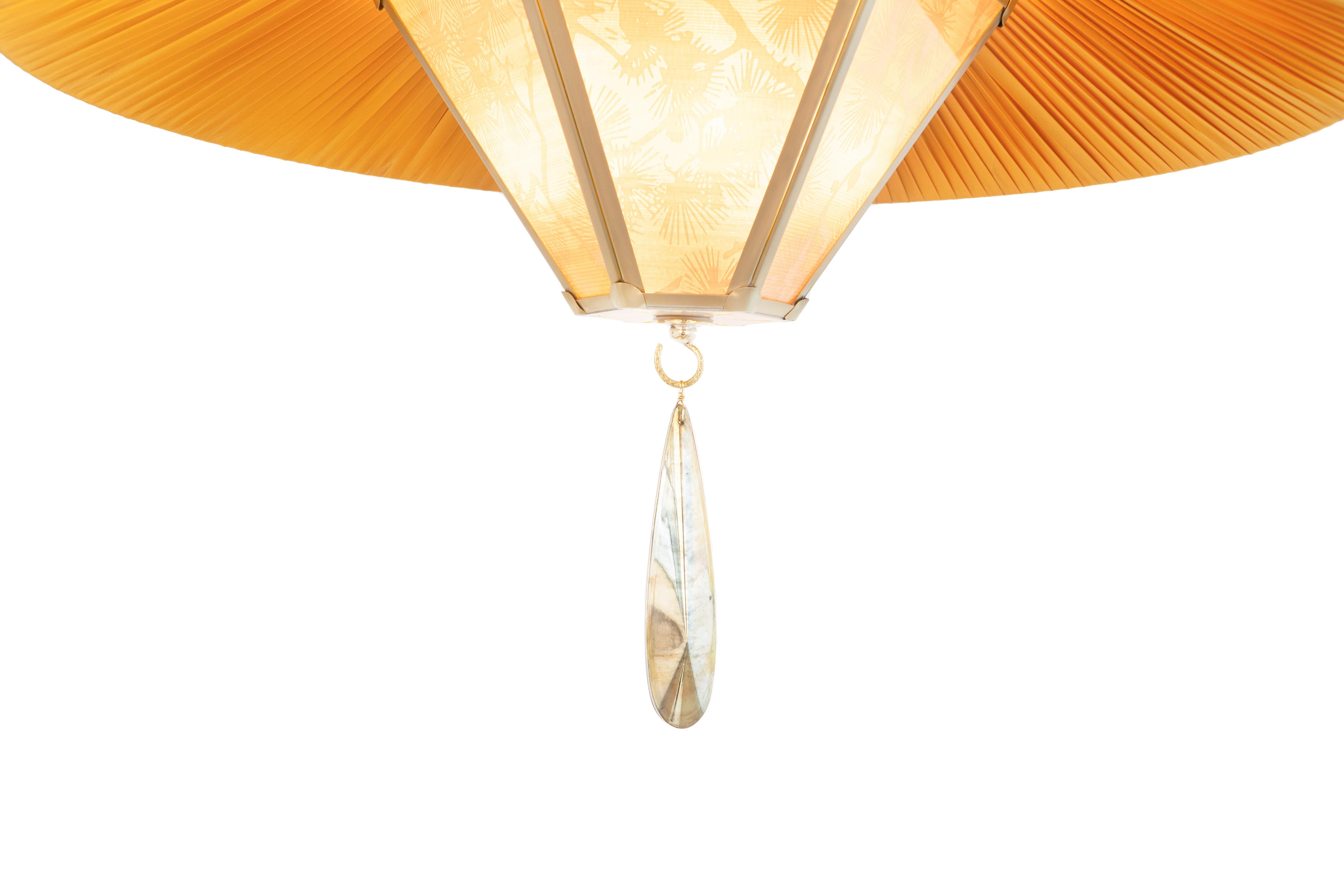 “Sunshine” Contemporary Hanging Lamp 70cm,  Sun Silk lampshade , satin Brass For Sale 2