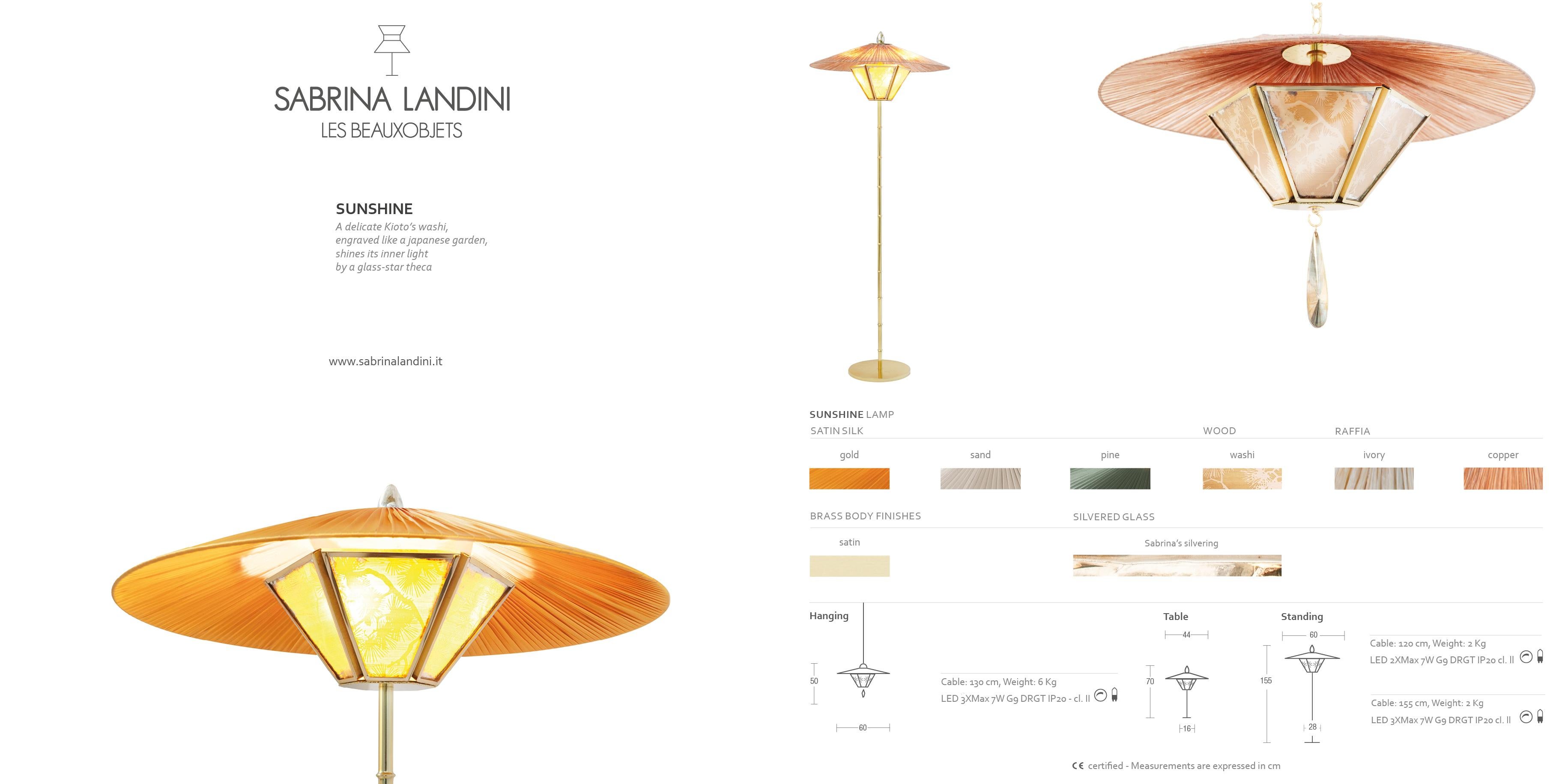 “Sunshine” Contemporary Hanging Lamp 70cm  Champagne Silk lampshade,  Brass 4