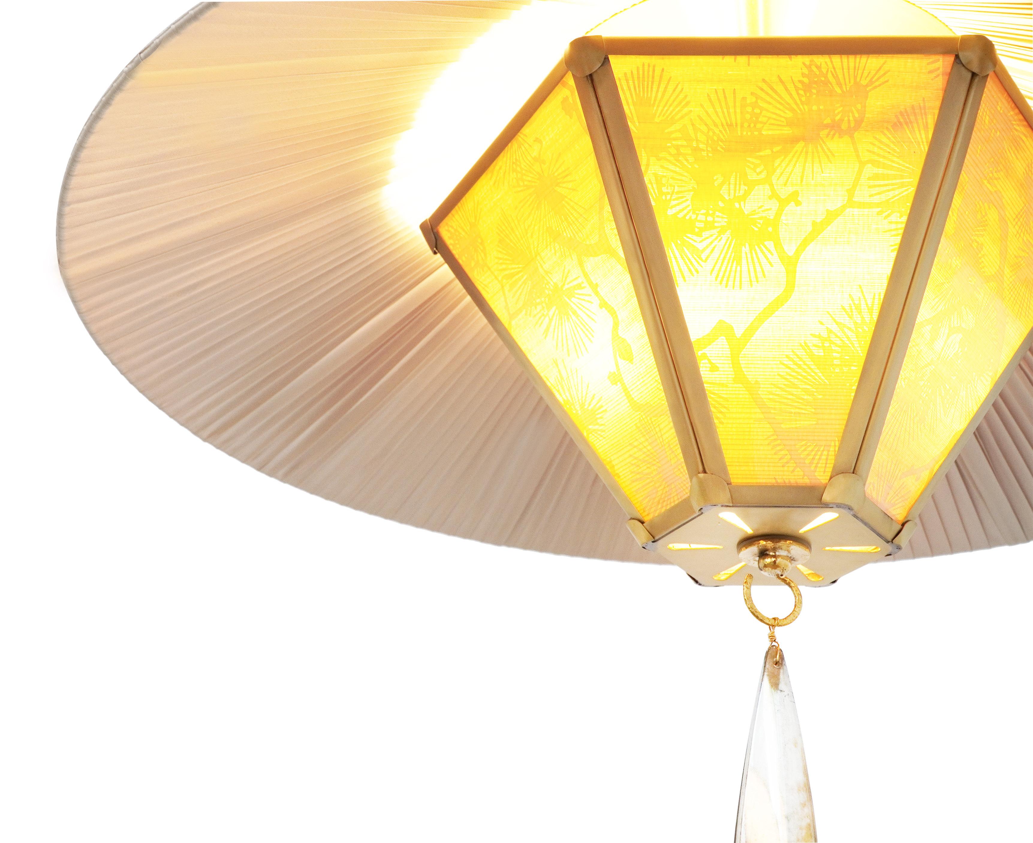 This lamp is a contemporary piece, made in Tuscany, Italy entirely by hand, 100% of Italian origin.
The style is halfway through Art Nouveau and Japanese Oriental style.
A star-shaped brass, like a glass theca lantern, is inside decorated by a