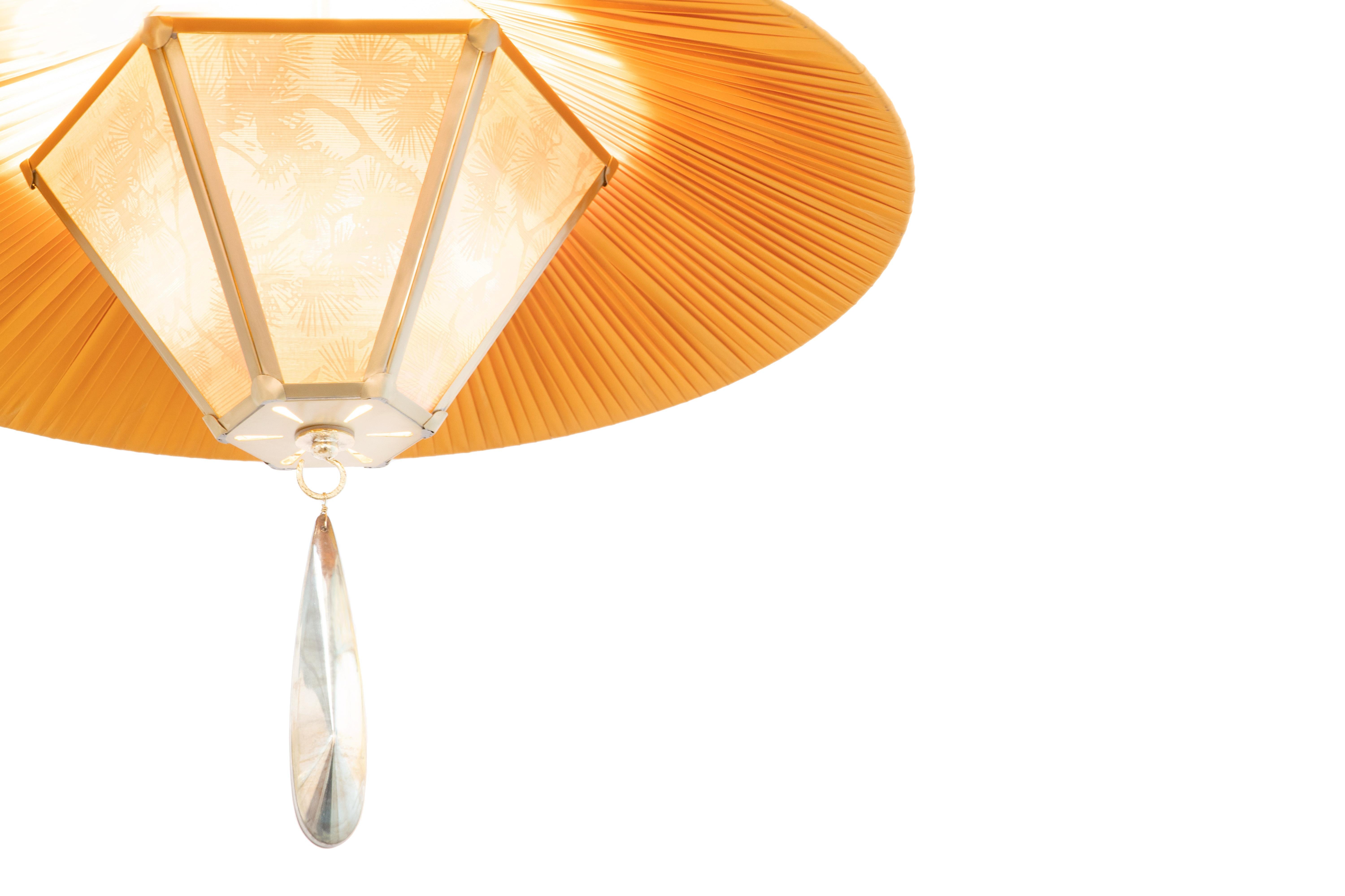 Japanned “Sunshine” Contemporary Hanging Lamp 70cm,  Sun Silk lampshade , satin Brass For Sale