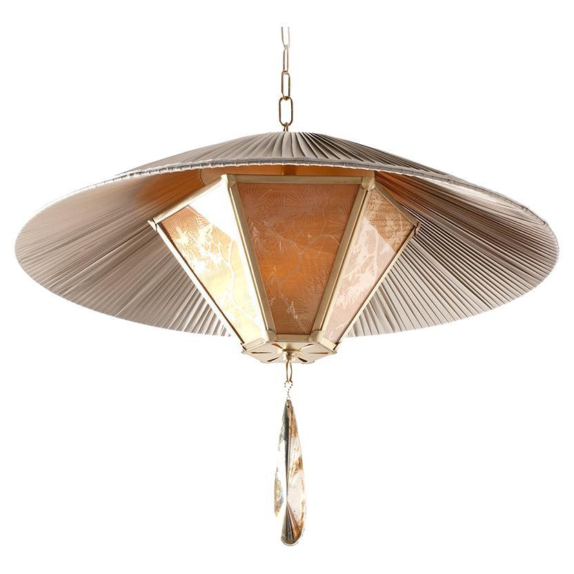“Sunshine” Contemporary Hanging Lamp, Kyoto Washi, Silk, Cast Melted Brass