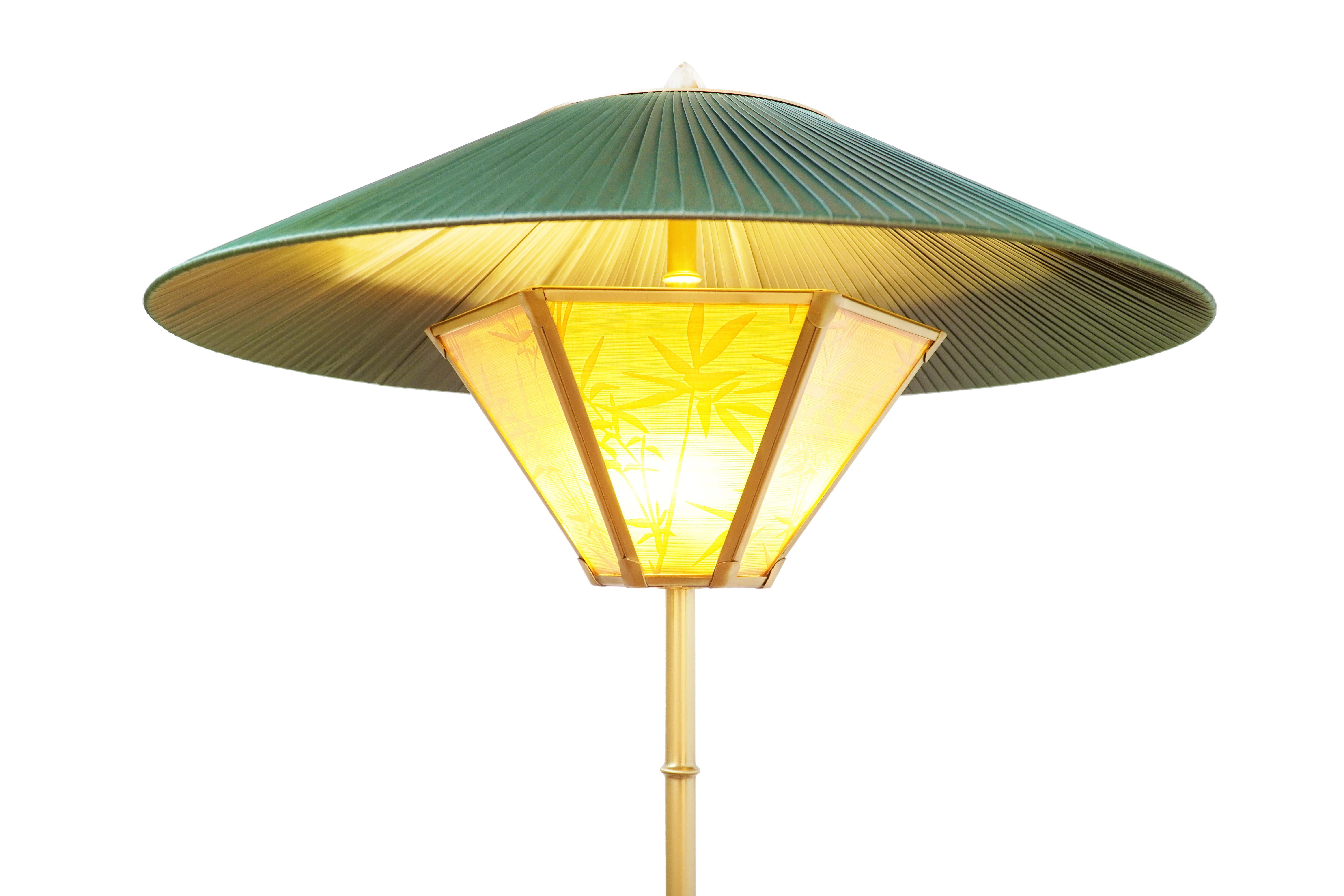 Modern “Sunshine” Contemporary Floor Lamp 60cm, pine silk lampshade, Bamboo Brass