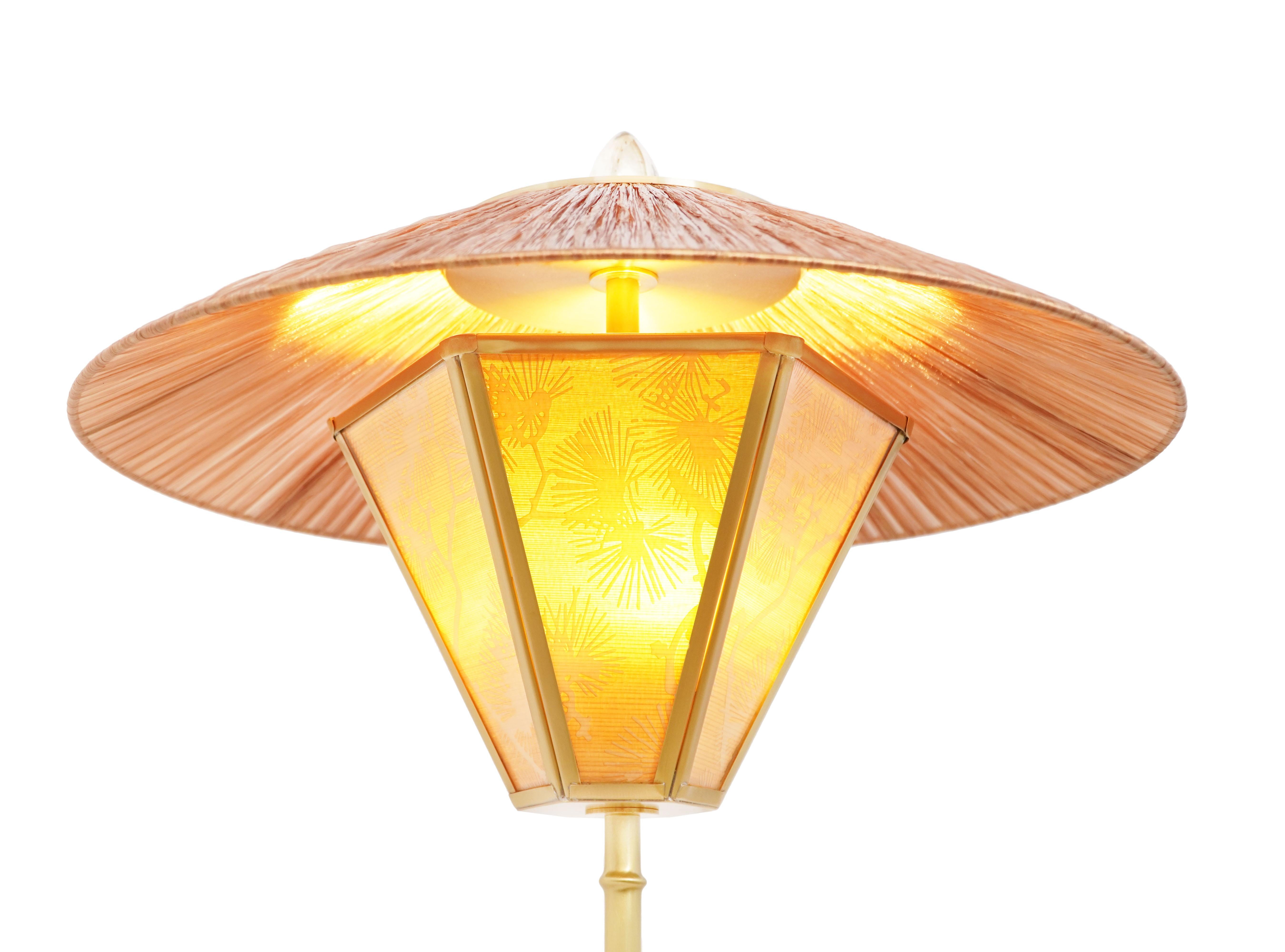 Modern “Sunshine” Contemporary Table Lamp 44, Kyoto Washi, Silk, Bamboo Brass, Raffia For Sale