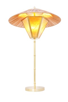 Lampada da tavolo contemporanea "Sunshine" 44, Kyoto Washi, seta, bambù, ottone, rafia