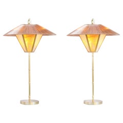 “Sunshine” Contemporary Table Lamp 44, Kyoto Washi, Silk, Bamboo Brass, Raffia