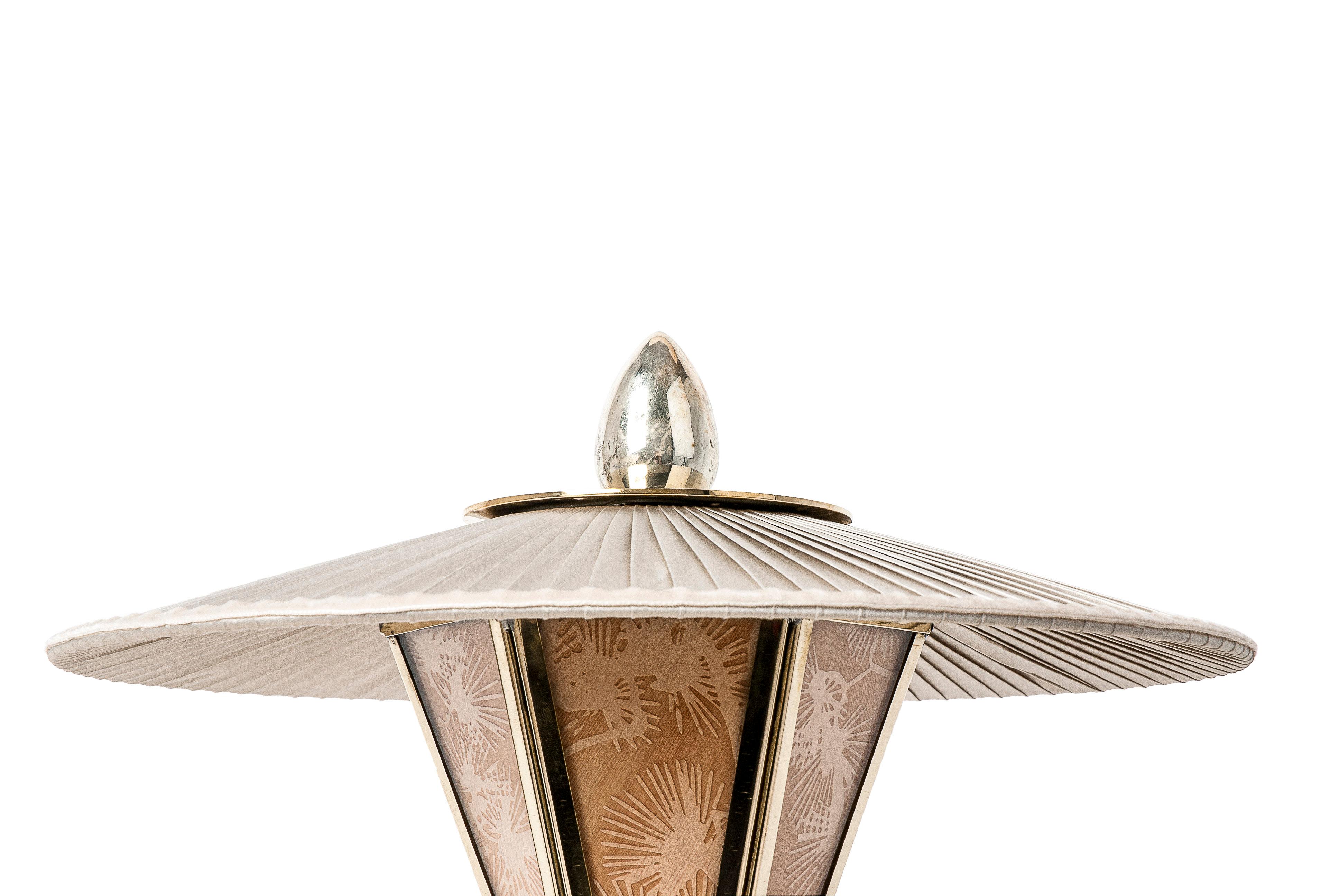 Silvered “Sunshine” Contemporary Table Lamp, Kyoto Washi, Silk, Cast Melted Brass For Sale