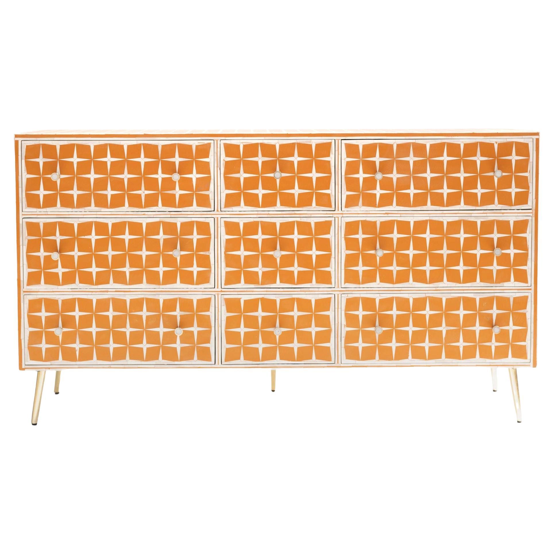 Sunshine Orange & Ivory Bone Inlay Nine-Drawer Dresser by House of Jaipur