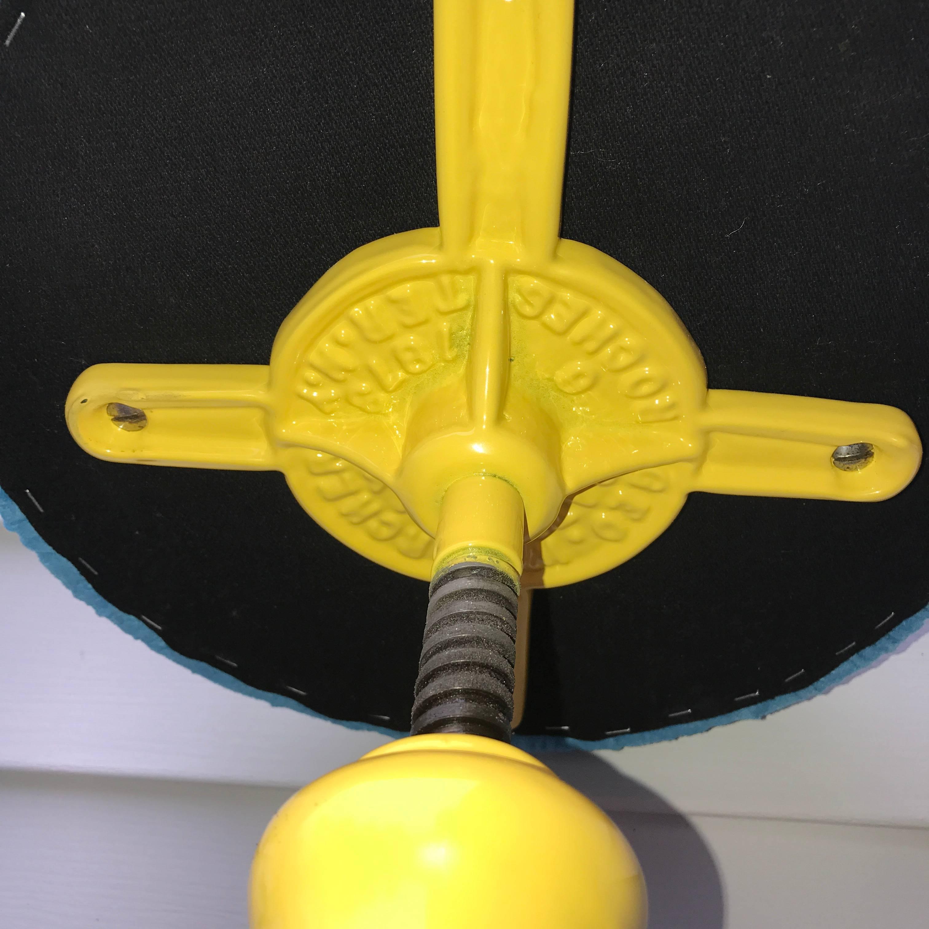 Industrial Yellow Metal Stool with Faux Blue Suede Seat, circa 1873 2