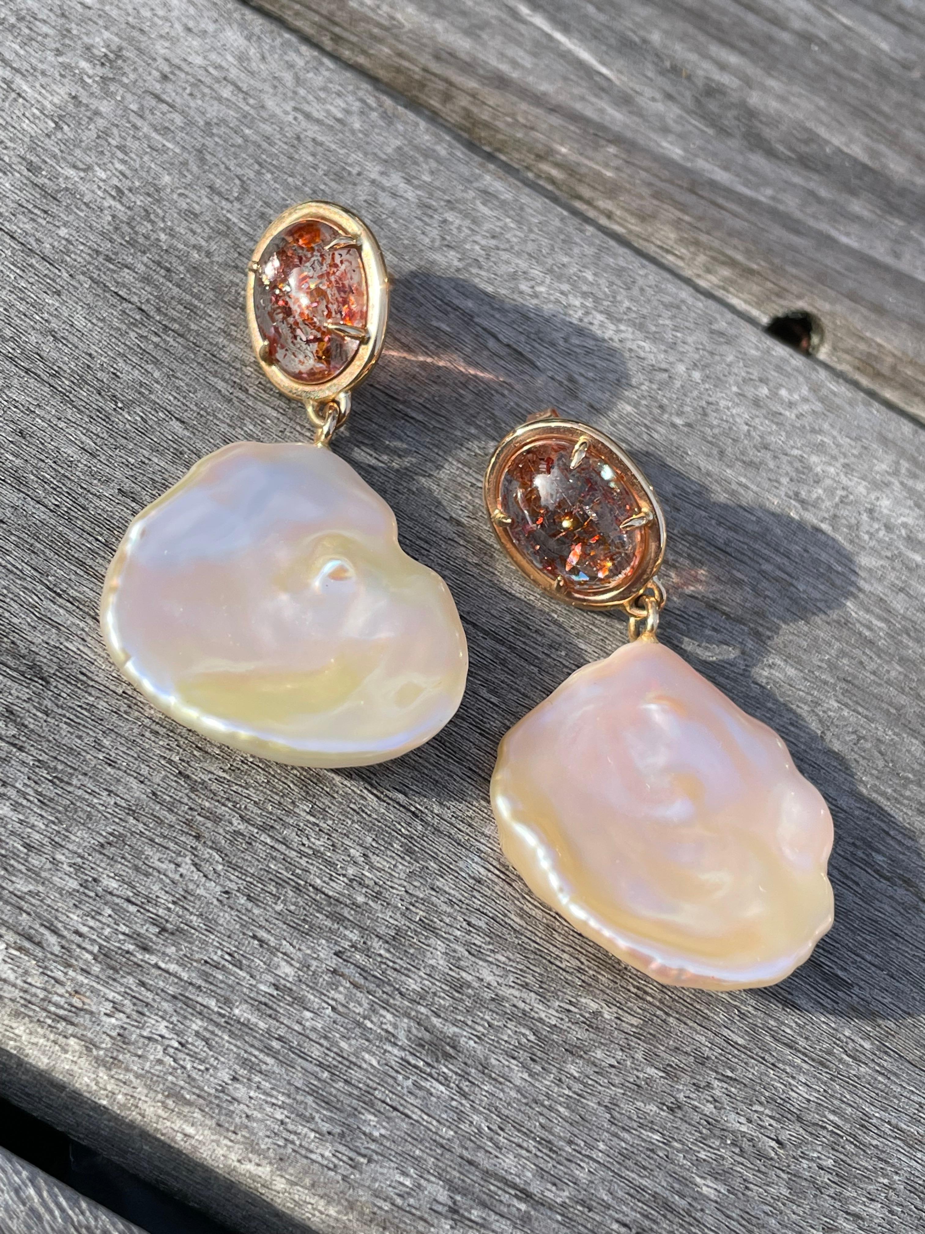 Contemporary Sunstone & Baroque Coin Pearl Drop Earrings Set in Rose Gold For Sale