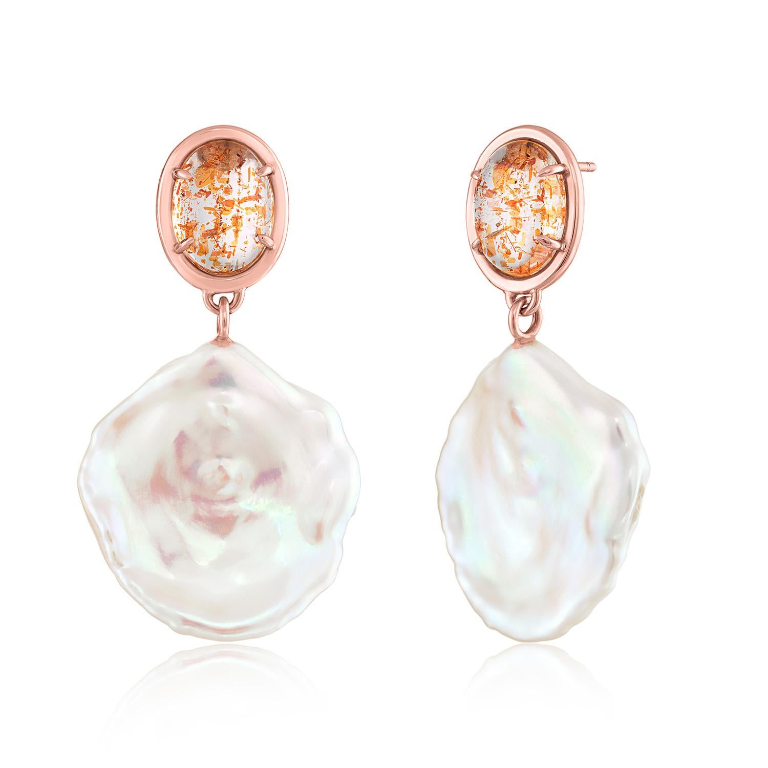 Cabochon Sunstone & Baroque Coin Pearl Drop Earrings Set in Rose Gold For Sale