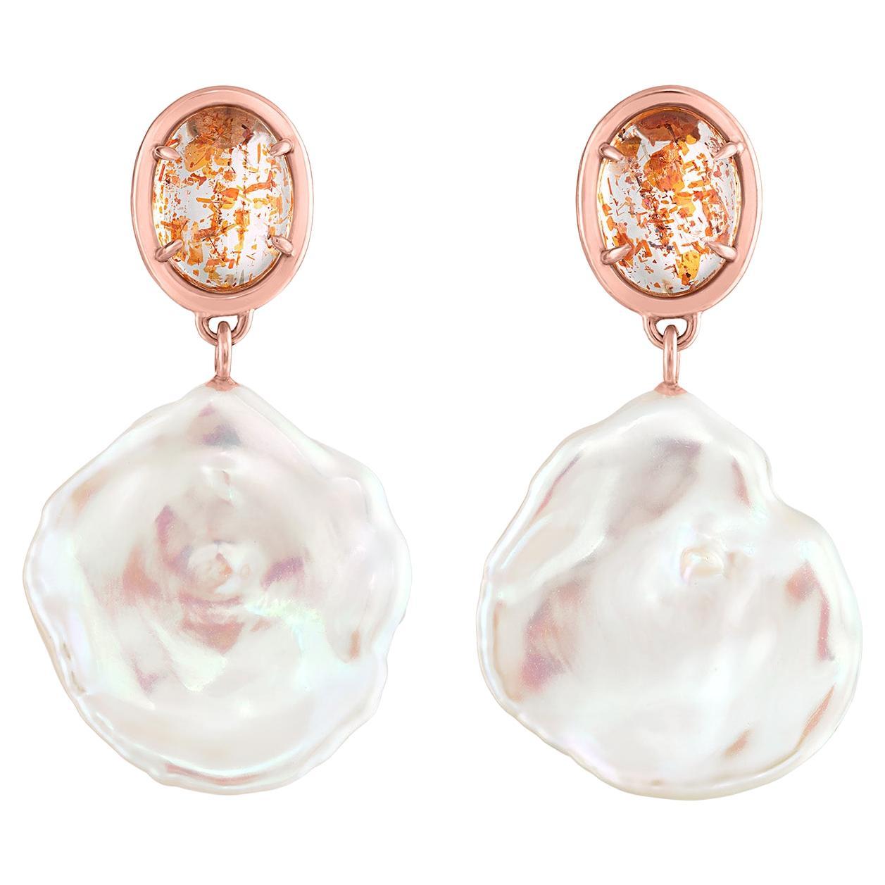 Sunstone & Baroque Coin Pearl Drop Earrings Set in Rose Gold