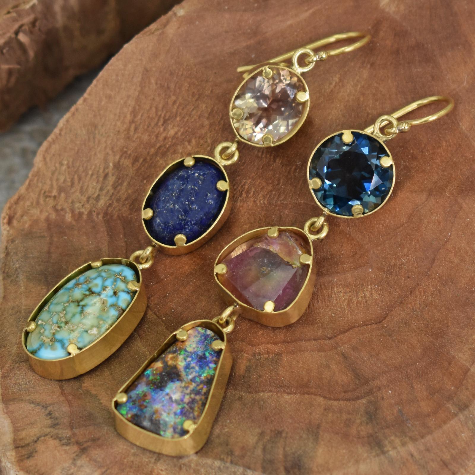 Three tier, hand forged 22k yellow gold dangle earrings featuring Sunstone (4.3 ct), Lapis Lazuli (7.9 ct), Turquoise Mountain Turquoise (9.6 ct), London Blue Topaz (7.7 ct), Watermelon Tourmaline (8.1 ct) and Australian Boulder Opal (7.7 ct)