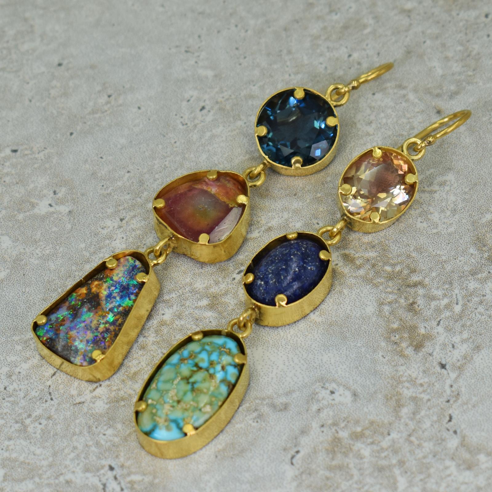 Cabochon Sunstone, Lapis and Topaz Multi-Gemstone 22 Karat Gold Dangle Earrings For Sale