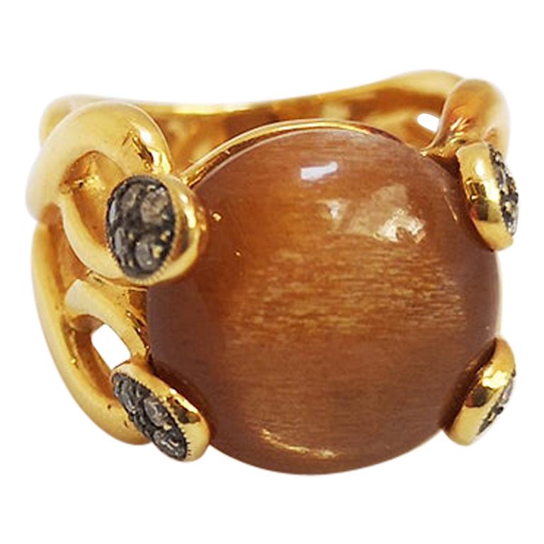 Sunstone with Brown Diamond Ring Set in 18 Karat Gold Settings For Sale