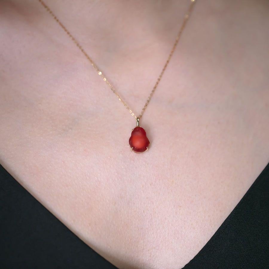 Arts and Crafts Super Adorable Handcarved Penguin Egg Fire Opal Necklace 18K Yellow Gold For Sale