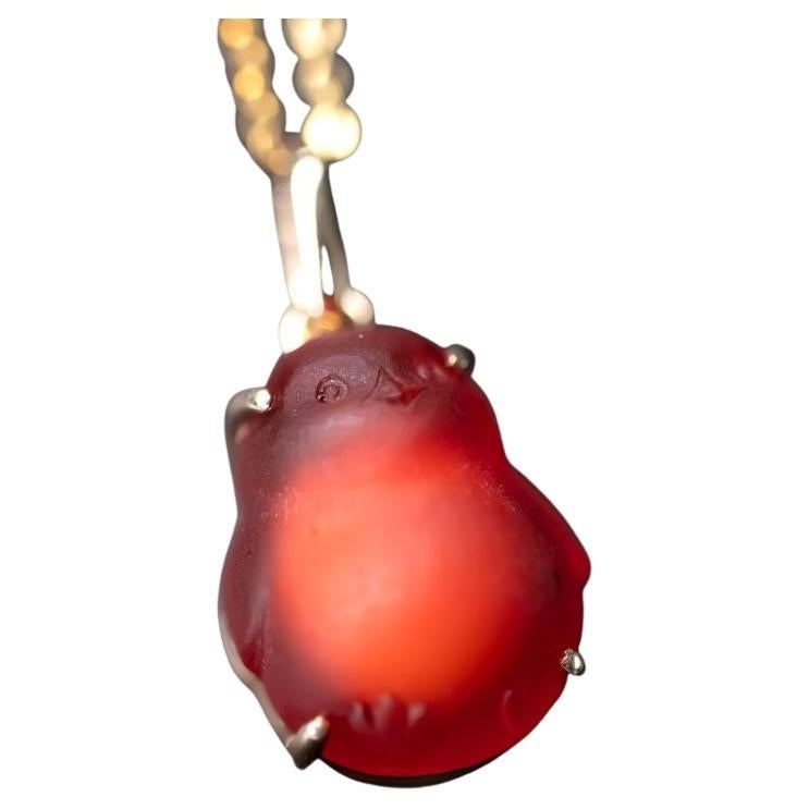 Super Adorable Handcarved Penguin Egg Fire Opal Necklace 18K Yellow Gold