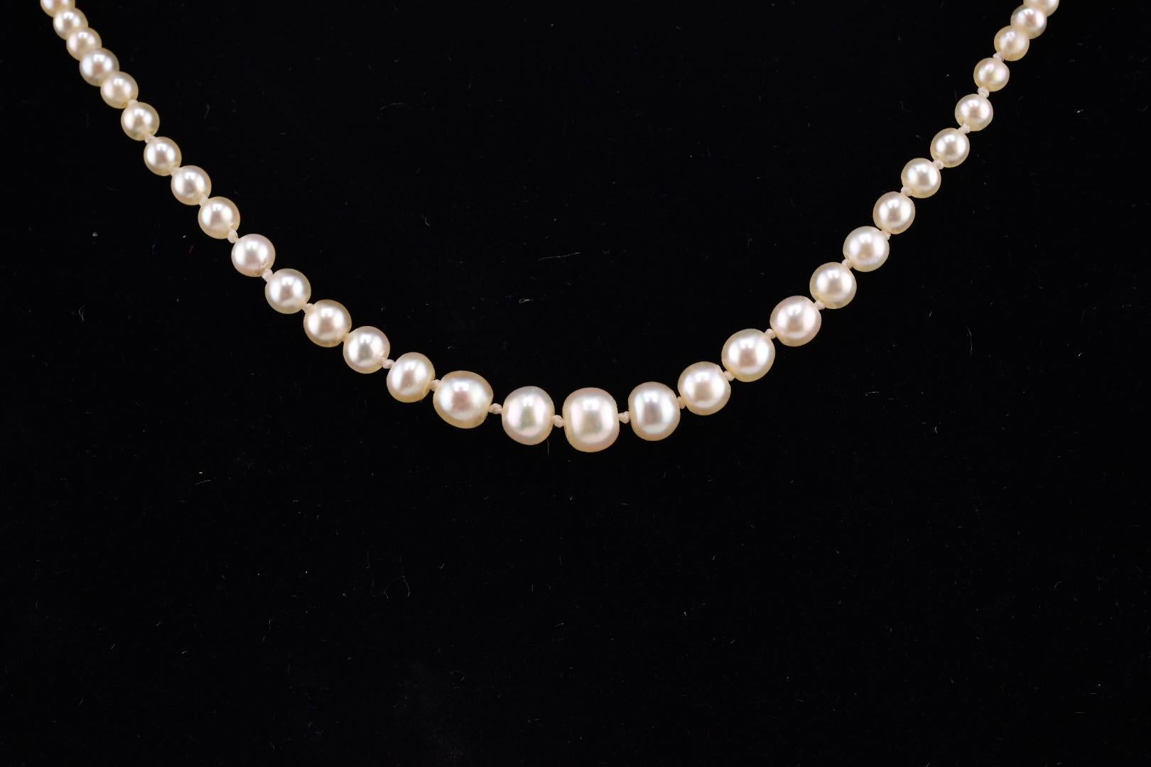 This elegant necklace is a refined addition to any jewelry collection. Featuring lustrous white round pearls, it exudes timeless sophistication. The pearls are complemented by with a clasp with sparkling round white diamonds, adding a touch of