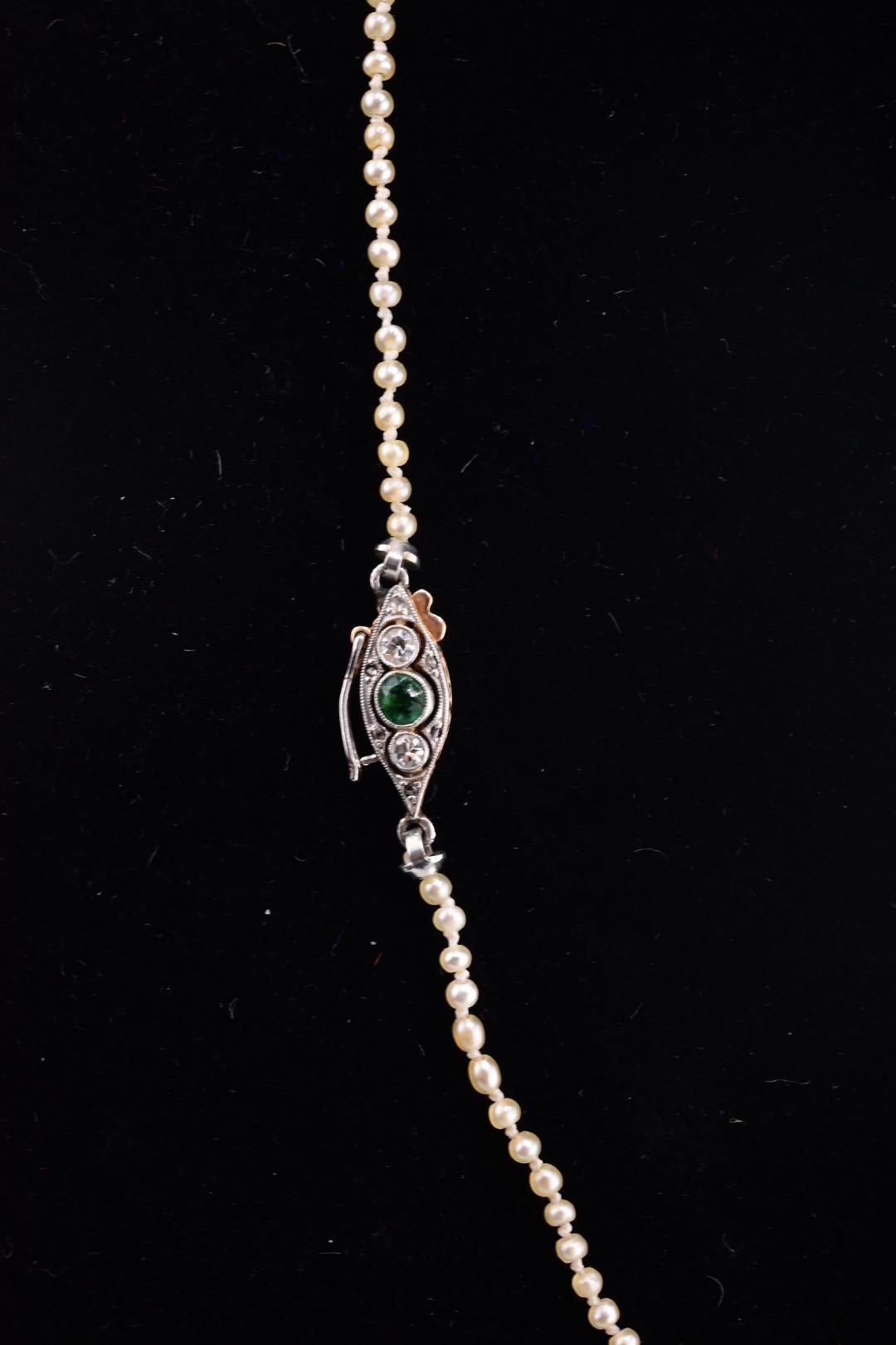 Super Art Deco Period Pearl Necklace With Diamond & Emerald Clasp 1