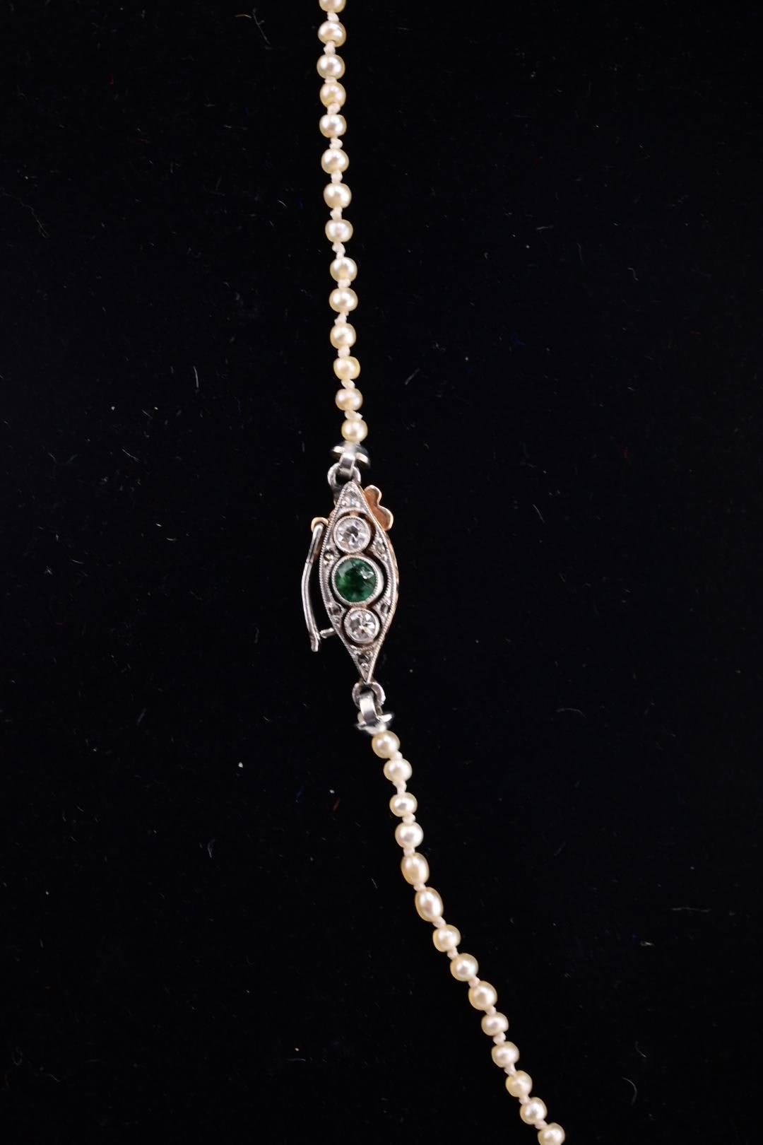 Super Art Deco Period Pearl Necklace With Diamond & Emerald Clasp 2