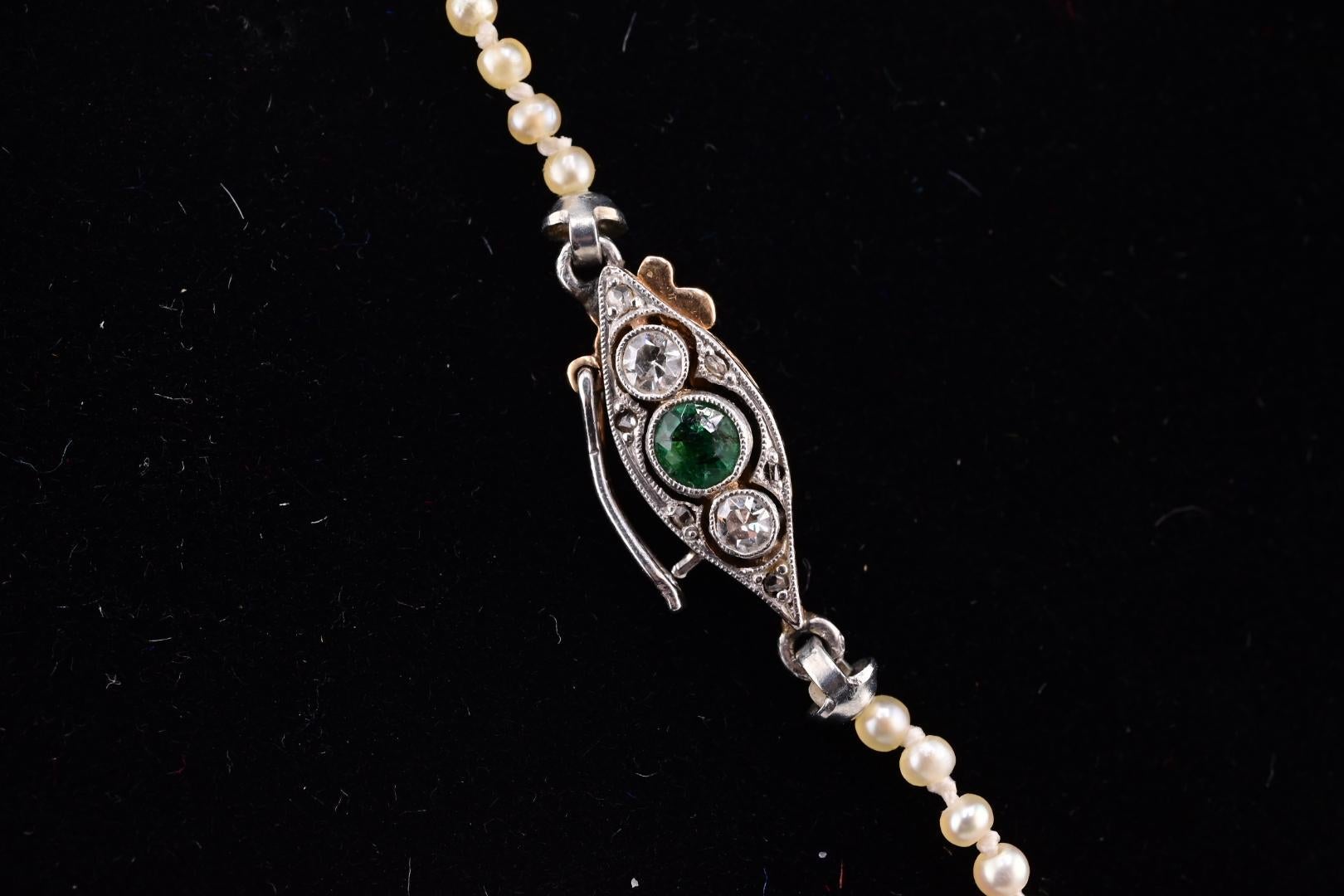 Super Art Deco Period Pearl Necklace With Diamond & Emerald Clasp 3